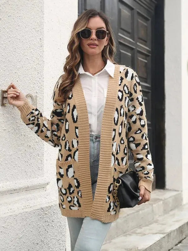 Leopard Jacquard Cardigan Sweater for Women - Soft Knit Open Front Long Sleeve Wrap Cover Up - Perfect for Fall, Winter & Cozy Home Wear