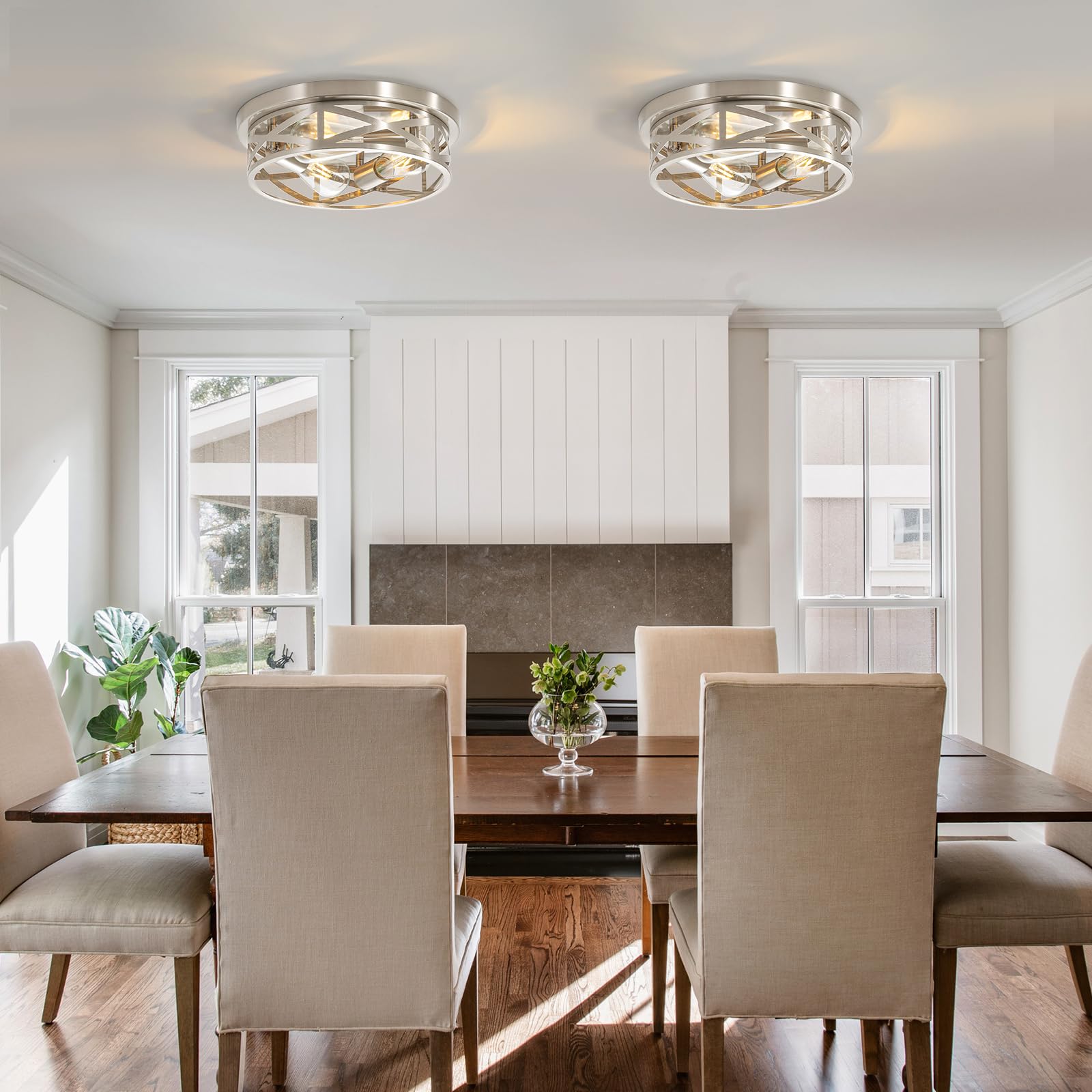 3-Light Brushed Nickel Flush Mount Ceiling Fixture - 13 Inch Modern Metal Cage Cross Ceiling Light for Kitchen, Bedroom, Bathroom, Laundry, Hallway & Office - Dimmable Indoor Lighting for Home & Commercial Spaces