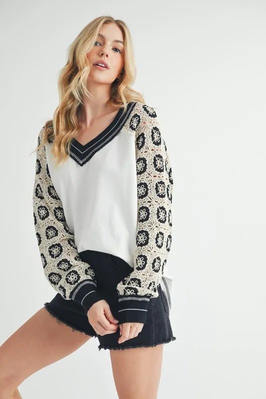 Aemi+Co Women's Crochet Contrast Stitching V-Neck Top - Boho Chic Summer Blouse for Beach, Date Night & Casual Outings