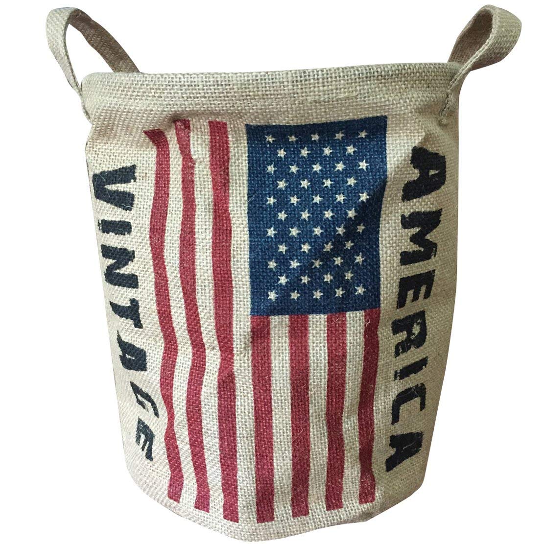 Vintage Collapsible Burlap Woven Storage Basket - Round Jute Organizer Bin with Handles for Food, Toys & Home Decor | Small Linen Patriotic Shelf, Table & Desk Organizer | 9.5