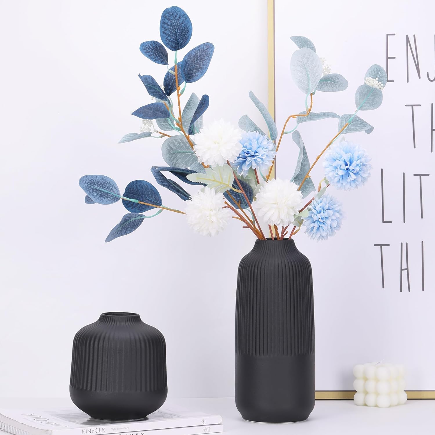 Matte Black Ceramic Flower Vase Set of 2 - 10 Inch Ribbed Nordic Style Vases for Fresh & Dried Flowers, Pampas Grass - Perfect for Home, Office & Shelf Decor - Elegant Centerpiece for Living Room, Dining Table & Wedding Arrangements