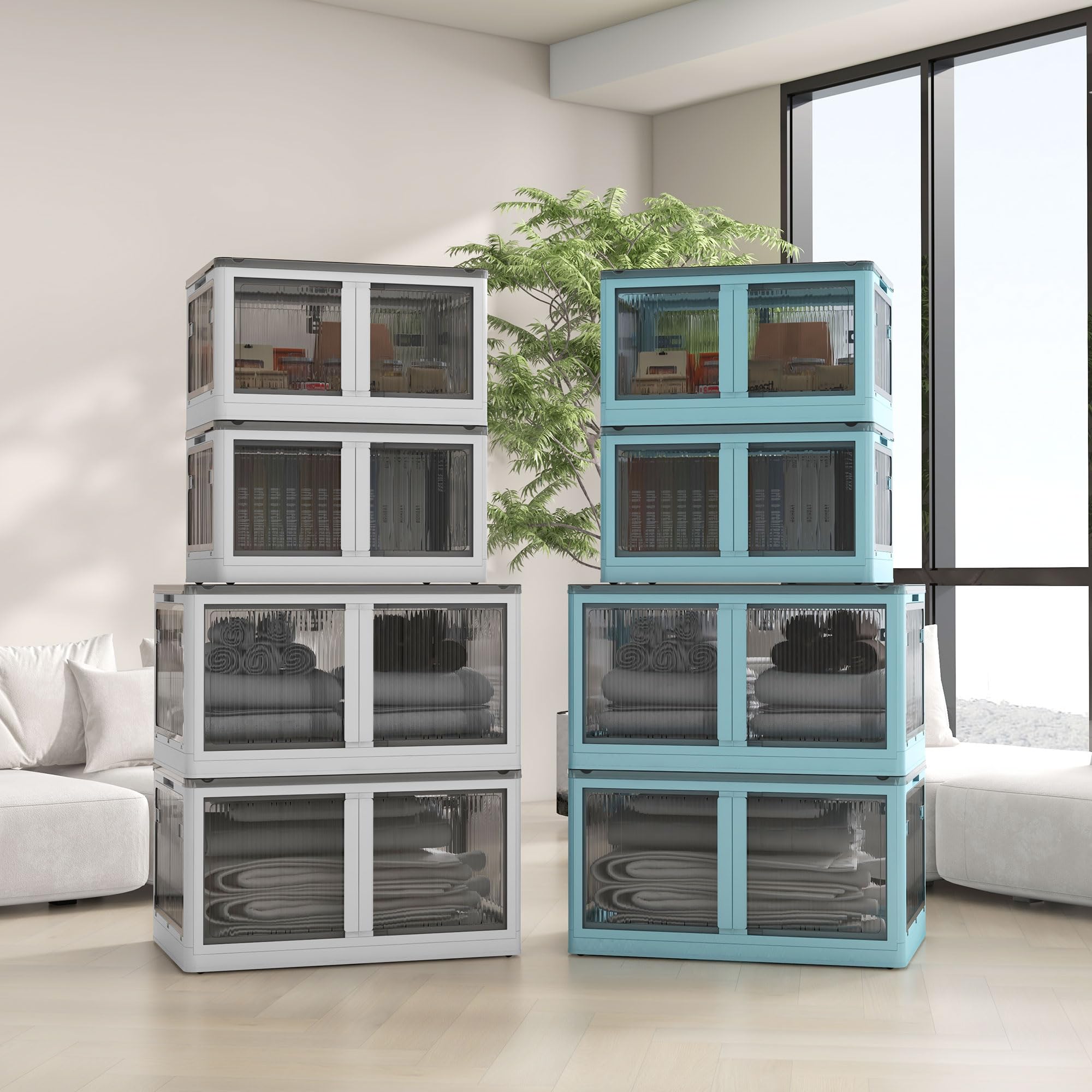 32 Gallon Stackable Storage Bins with Lids - 3 Pack Collapsible Closet Organizers with Wheels, White Blanket Storage Containers for Home, Garage, Dorm & Office Organization
