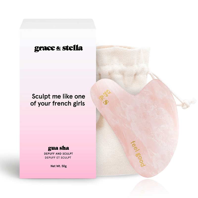 Grace & Stella Depuffing & Sculpting Gua Sha Stone for Face - FREE Dead Sea Mud Mask 30ml - Reduce Puffiness & Define Jawline - Perfect for Morning Skincare & Self-Care Routine