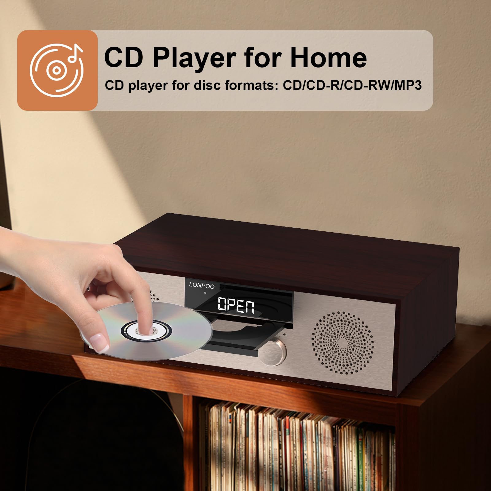 LONPOO 40W Home Stereo System with CD Player, Bluetooth Speakers, USB Playback, FM Radio & Aux Input - Perfect for Living Room Music Entertainment & Party Sound System (Golden)