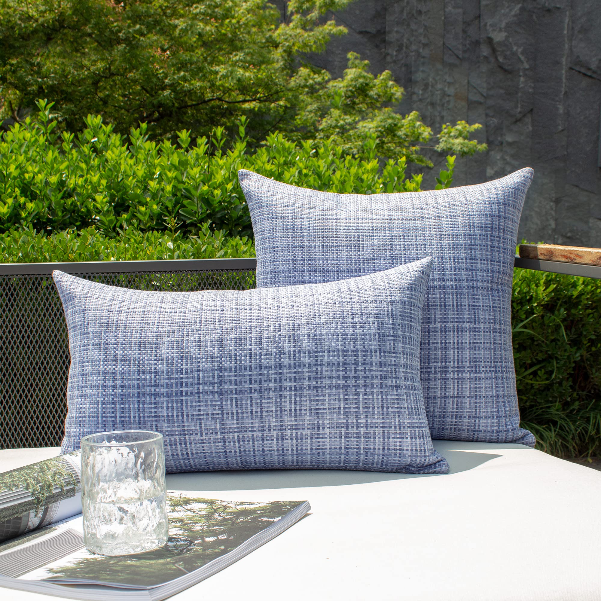 Kevin Textile 2-Pack Waterproof Outdoor Decorative Throw Pillow Covers - 22x22 Inch Stripe Cushion Cases for Patio, Couch & Bench - Purple & Blue Modern Design - Perfect for Garden, Poolside & Outdoor Furniture Protection