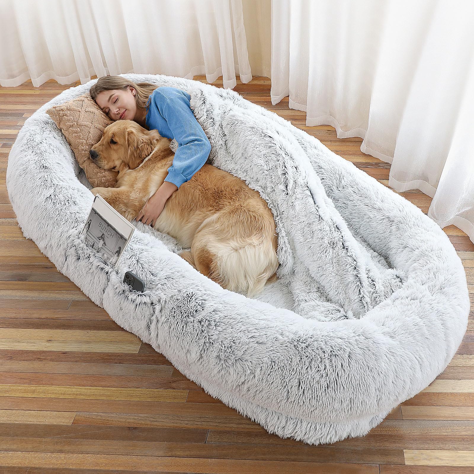 71x45x12 Inch Human Dog Bed - Washable Faux Fur Orthopedic Pet Bed for People & Dogs, Includes Plush Pillow & Blanket - Perfect for Napping, Lounging & Cuddling with Your Pet (Grey)