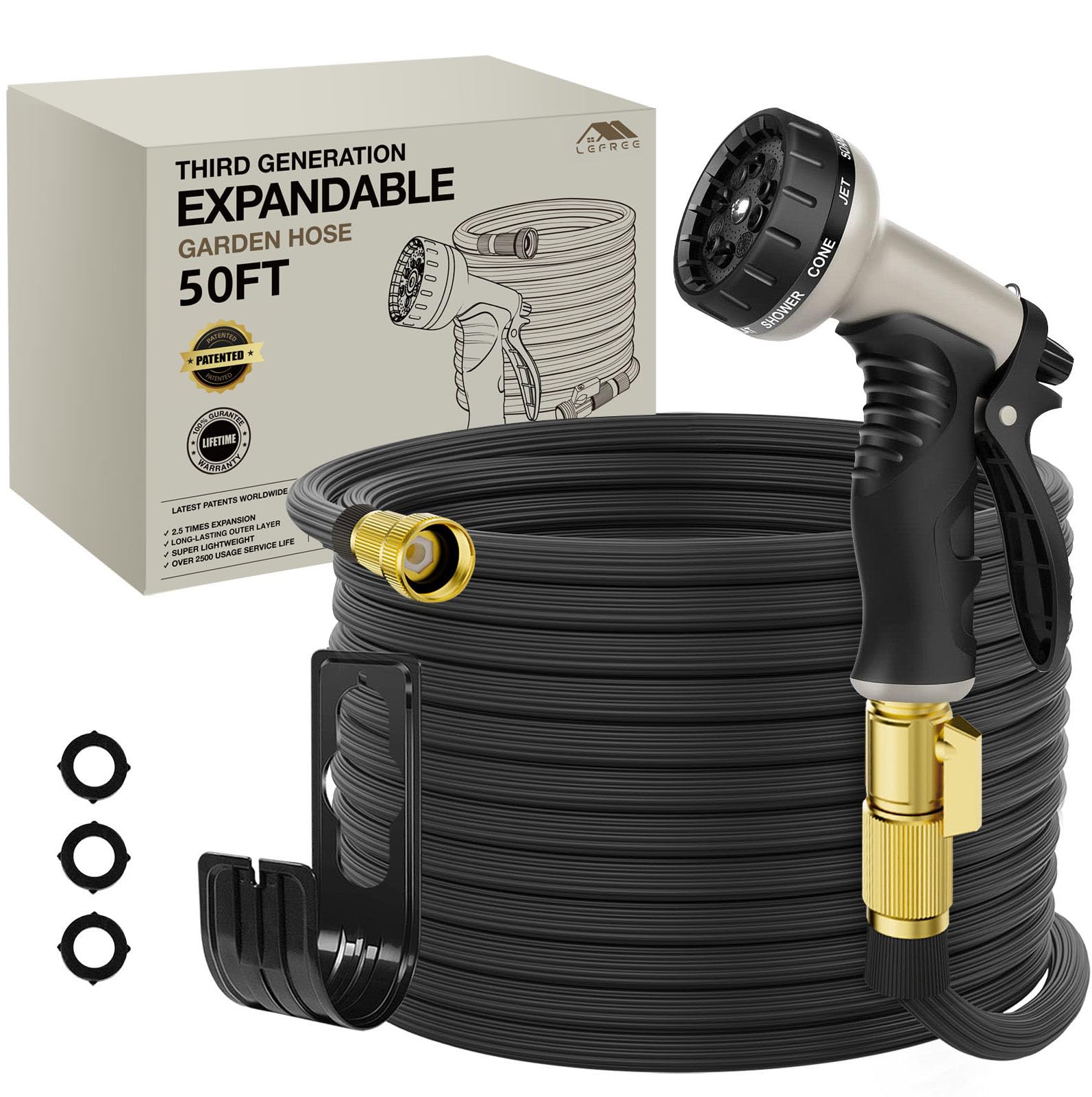 **Lefree 50ft Expandable Garden Hose - Leak-Proof 40-Layer Nano Rubber, 2024 Upgraded Lightweight & No-Kink Flexible Water Hose (Black) - Perfect for Lawn Care, Car Washing, and Outdoor Watering**