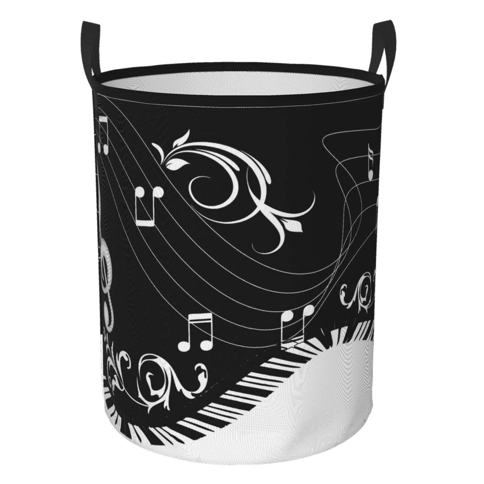 Black Music Notes Collapsible Laundry Basket with Handle - Waterproof Fabric Hamper Organizer for Dirty Clothes, Toys & Bathroom Storage - Perfect for Bedroom, Dorm, Laundry Room & Nursery Organization