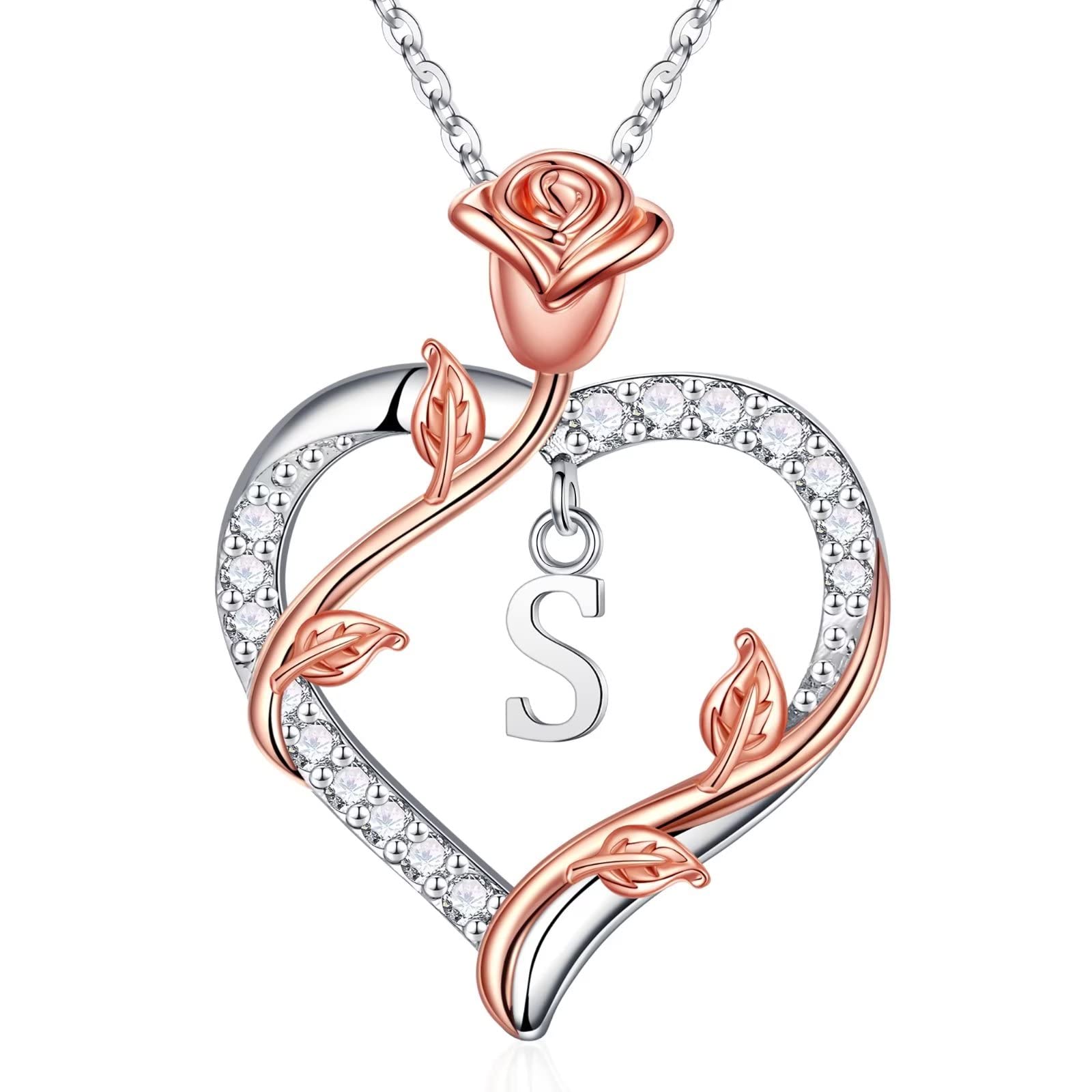 Rose Heart Initial Necklace for Women - 925 Sterling Silver Personalized Jewelry, Anniversary Birthday Gift for Wife Girlfriend Mom - Perfect for Valentine's Day, Wedding, Mother's Day & Romantic Occasions