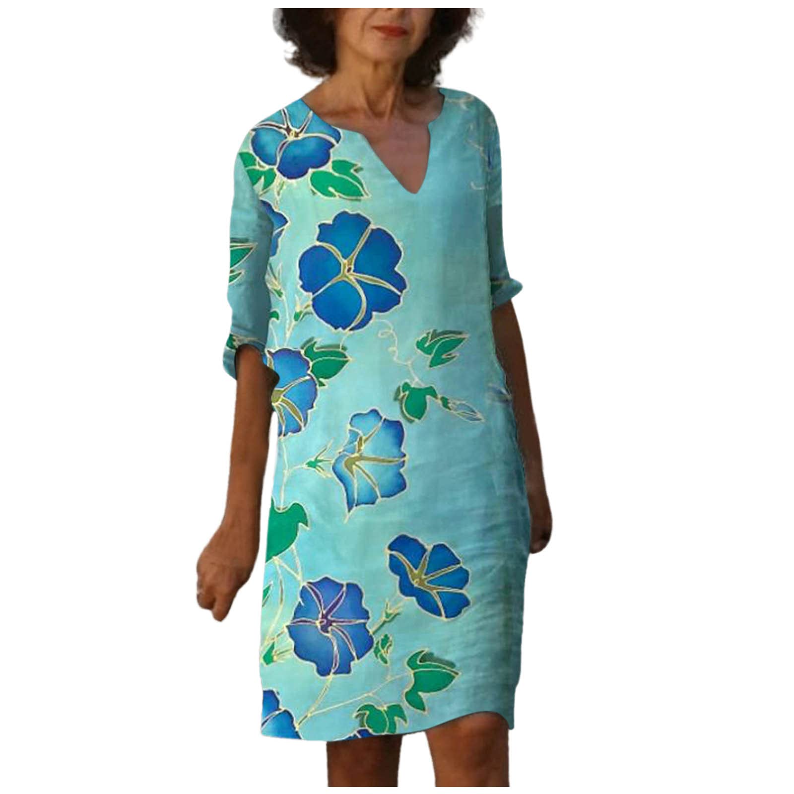 Stylish Women's Summer Floral Print Dress - V-Neck, Long Sleeve Midi Dress in Sky Blue - Plus Size XXL for Casual Outings, Beach Vacations & Date Nights