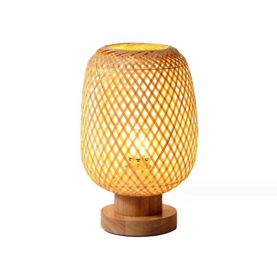 Natural Bamboo Desk Lamp with Wood Base & Rattan Shade - Modern Rustic Table Light for Bedroom, Office, Study, Patio - Eco-Friendly Wicker Basket Egg Design for Home Decor