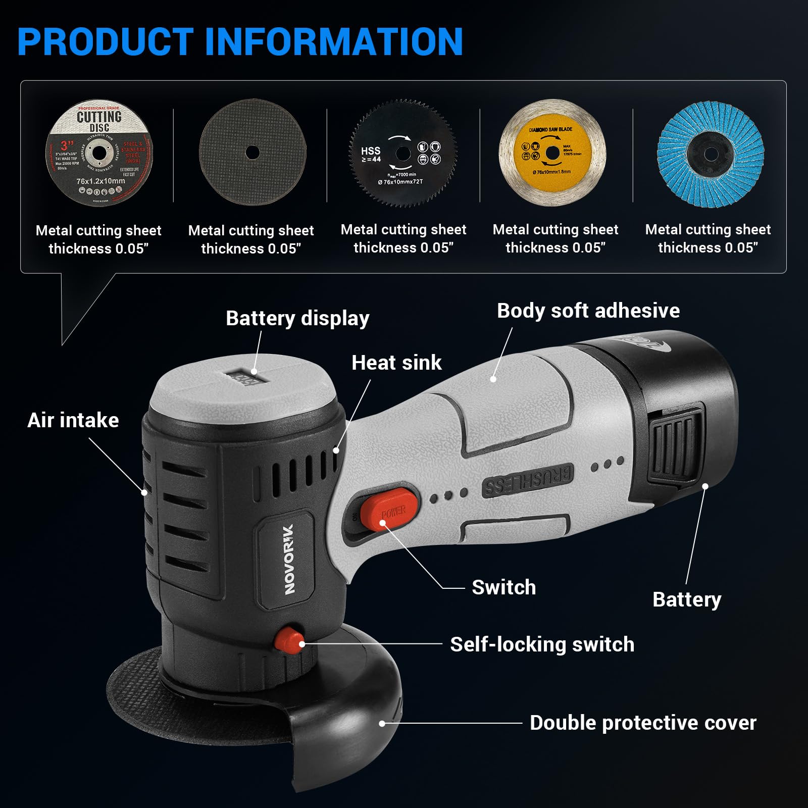 Cordless Mini Angle Grinder with 2pcs 16.8V 2000mAh Battery & 5 Cutting Discs - Brushless Power Tool for Wood, Metal, Stone, Concrete - Perfect for DIY Projects, Home Renovation, and Professional Construction Work