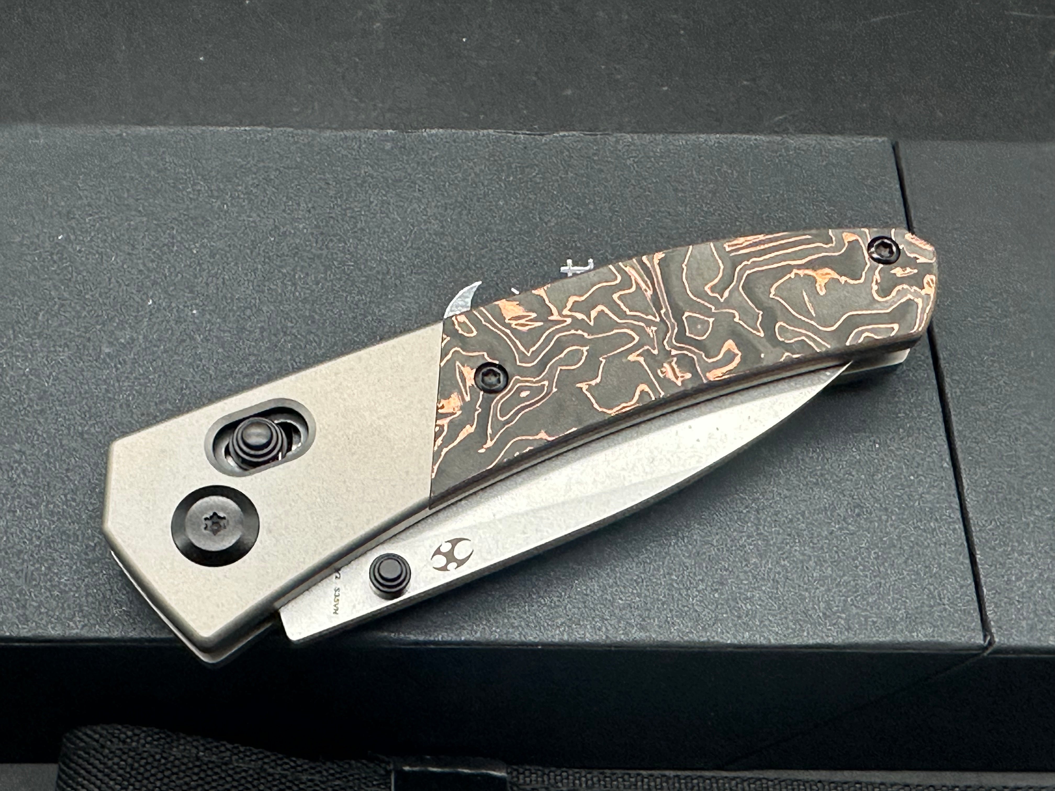 Premium KANSEPT DAKO Titanium/Copper Folding Knife with Carbon Fiber Handle - S35VN Steel Plain Edge, Stonewash Finish - Perfect for EDC, Outdoor Adventures & Camping