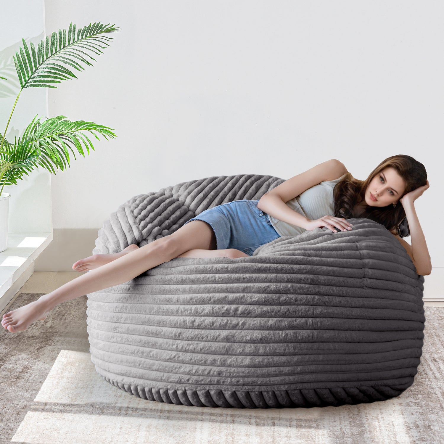 MAXYOYO Giant Bean Bag Chair Bed - Extra Large Striped Faux Fur Beanbag for Adults & Teens, Grey - Perfect for Living Room, Bedroom, Game Room & Dorm Relaxation