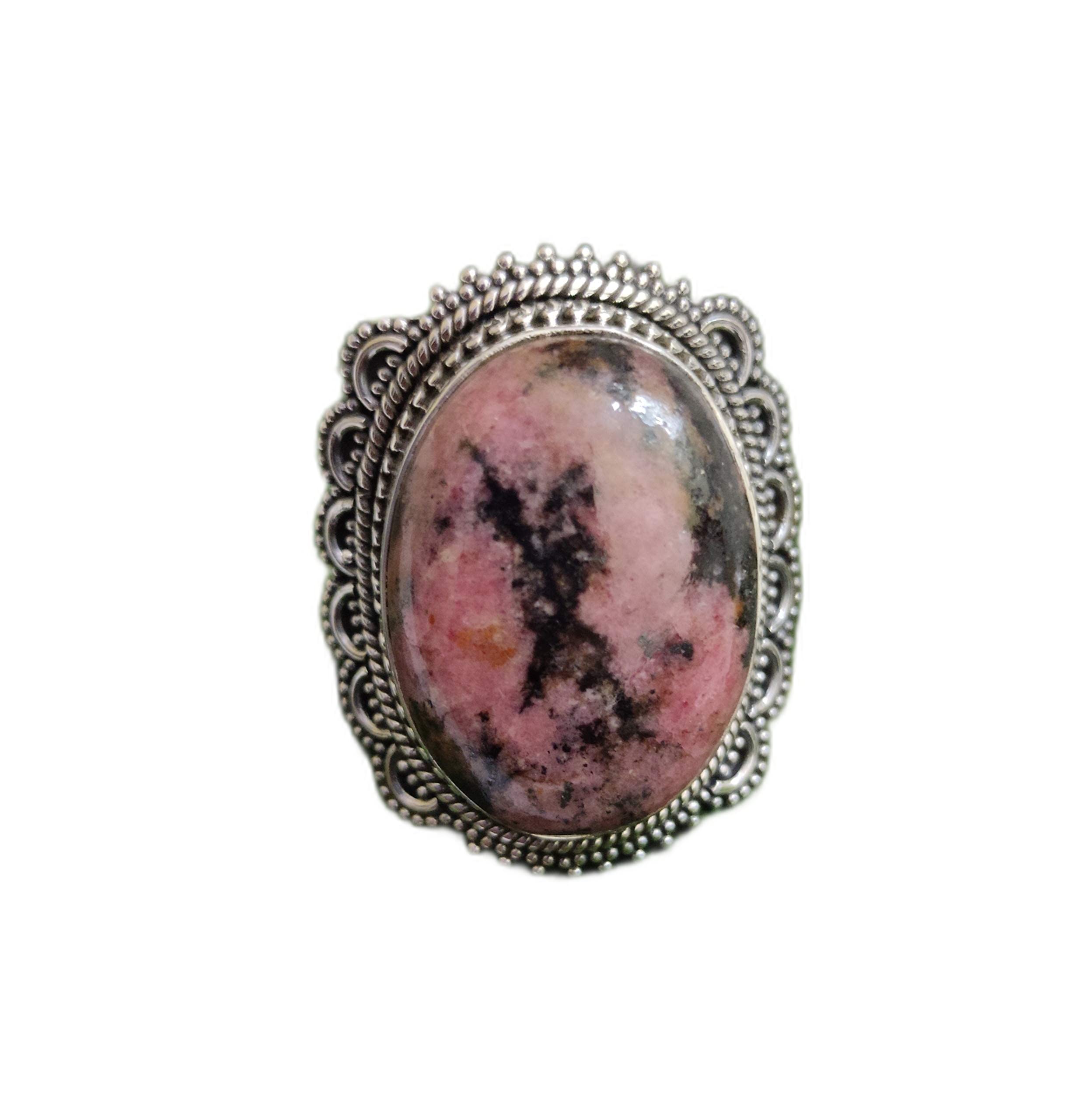 Rhodonite Ring 925 Sterling Silver - Large Vintage Style Bohemian Statement Ring for Women, Bridesmaid Gift, Promise Ring, Healing Crystal Jewelry, Artisan Designer Engagement Ring | Perfect for Weddings, Spiritual Healing & Boho Fashion