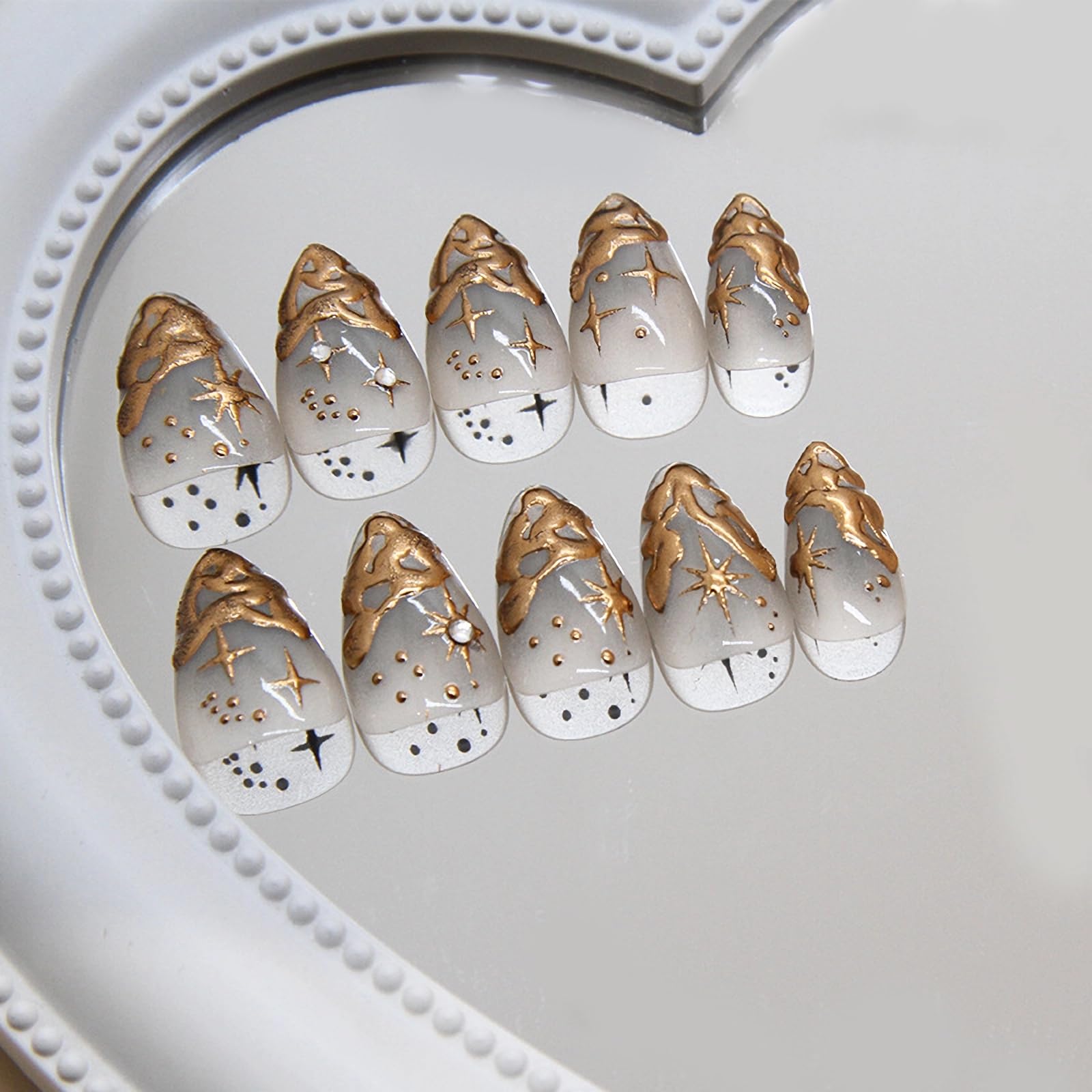 30pcs MERVF Almond Press on Nails - Medium Length Fake Nails with Gold 3D French Tip & Star Design | Stiletto Acrylic Nails Glossy Finish | Gypsy Bohemian Style Glue on Nails for Parties, Weddings & Special Occasions