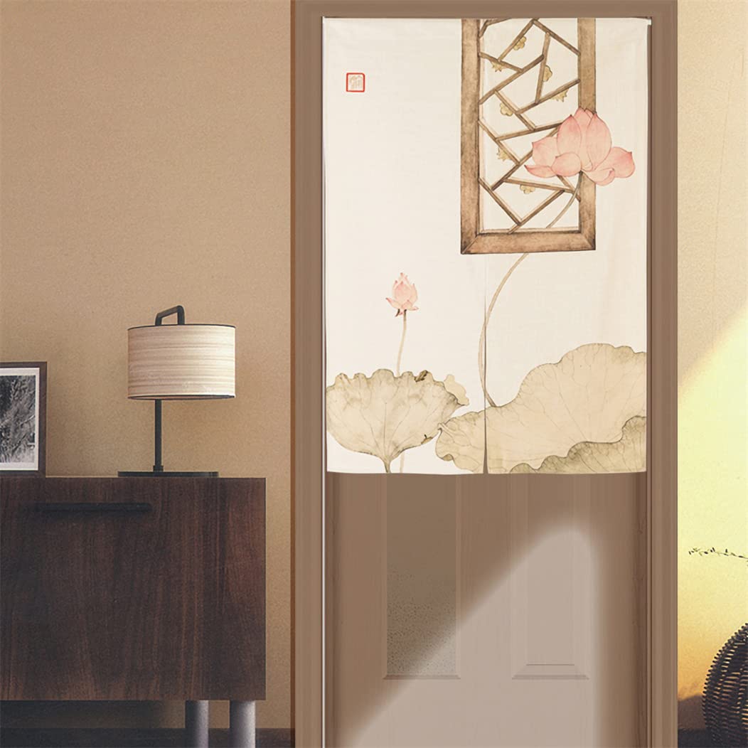 Japanese Noren Door Curtain - Traditional Chinese Ink Lotus Design Room Divider (33.5