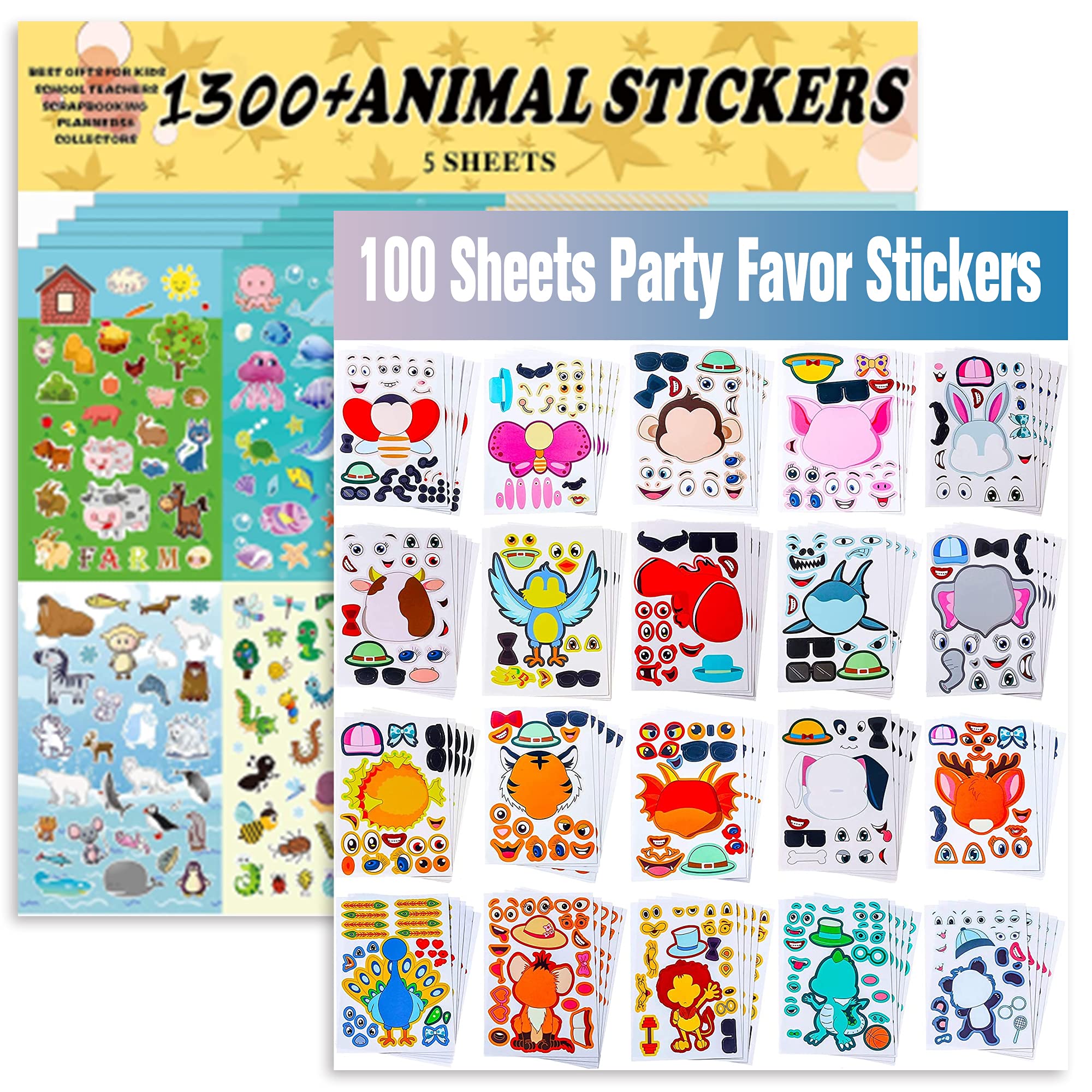 Sinceroduct Kids Stickers - 100 Pack Animal Face Stickers for Scrapbooking, DIY Crafts & School Projects (5 Sheets) - Fun Decals for Water Bottles, Laptops & Notebooks