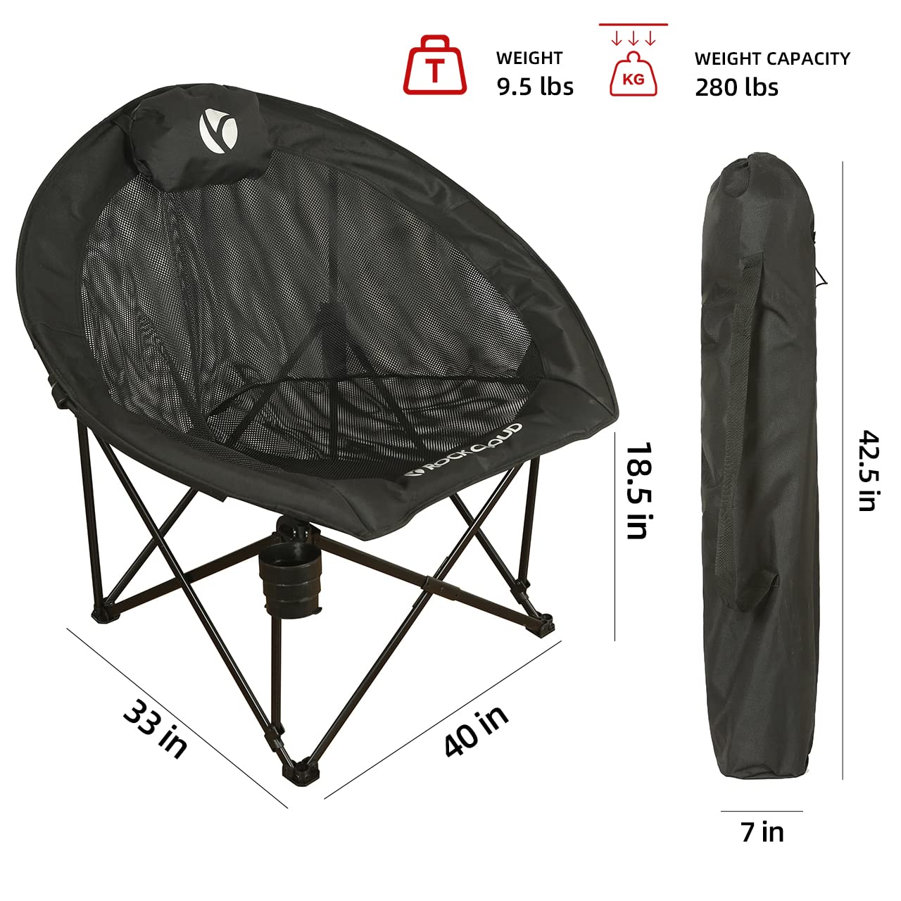 ROCK CLOUD Oversized Folding Camping Chair with Padded Seat - Portable Moon Chair for Outdoor Activities, Camping, Hiking, Fishing, Beach, Picnics, Backyard & Lawn - Heavy Duty & Comfortable - Black