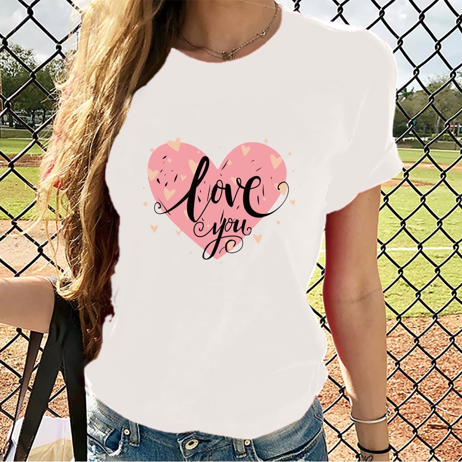 Women's Love Heart Graphic T-Shirt - Short Sleeve Regular Fit Top - Cute Funny Gift Tee for Casual Wear & Valentine's Day 2023