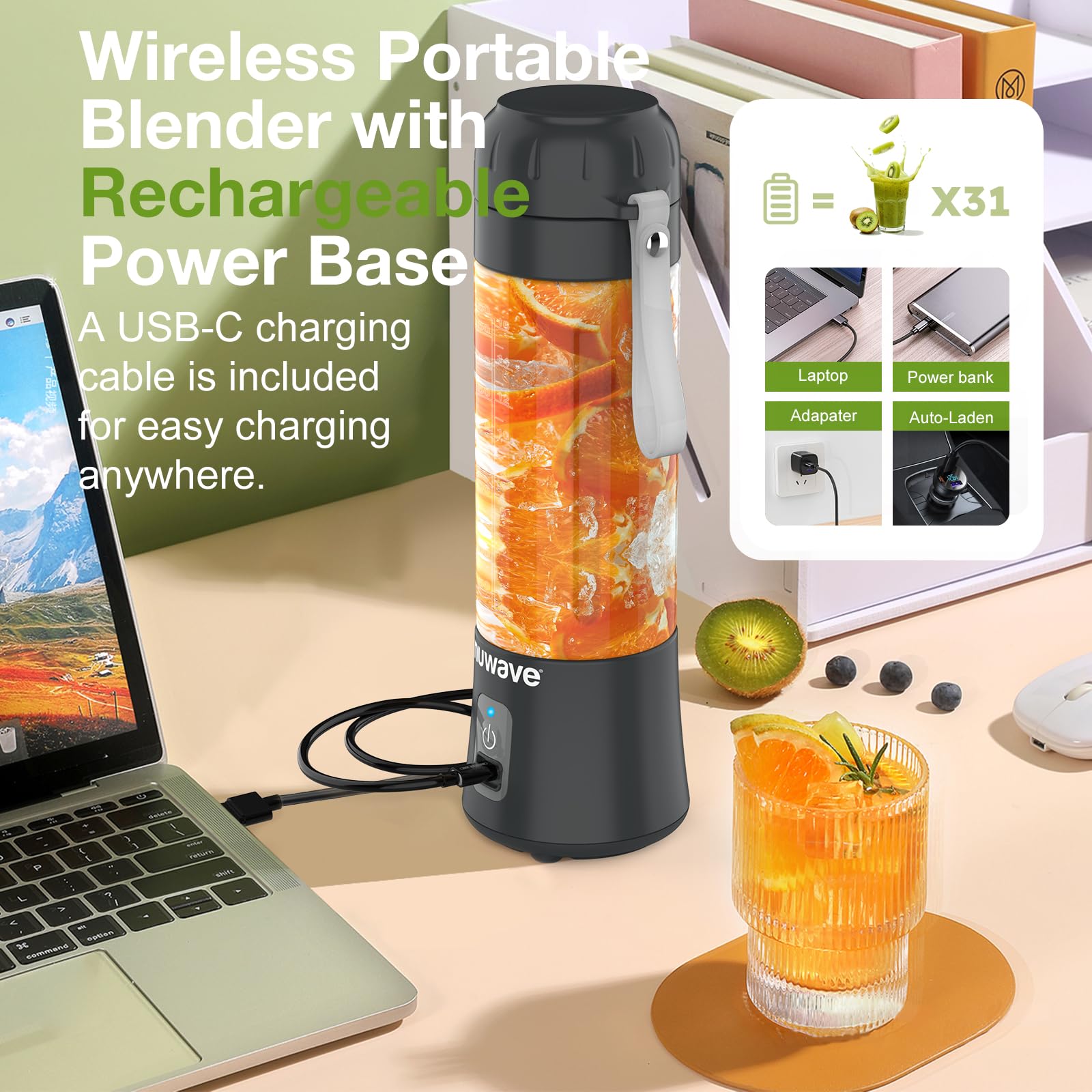 Nuwave 16OZ Portable Blender - 2025 Upgraded Rechargeable Mini Blender with 6 Blades for Smoothies, Shakes & Juices | BPA-Free, Leak-Proof Lid | Perfect for Gym, Travel, Office & Kitchen Use | Compact Personal Blender for Healthy Drinks On-The-Go