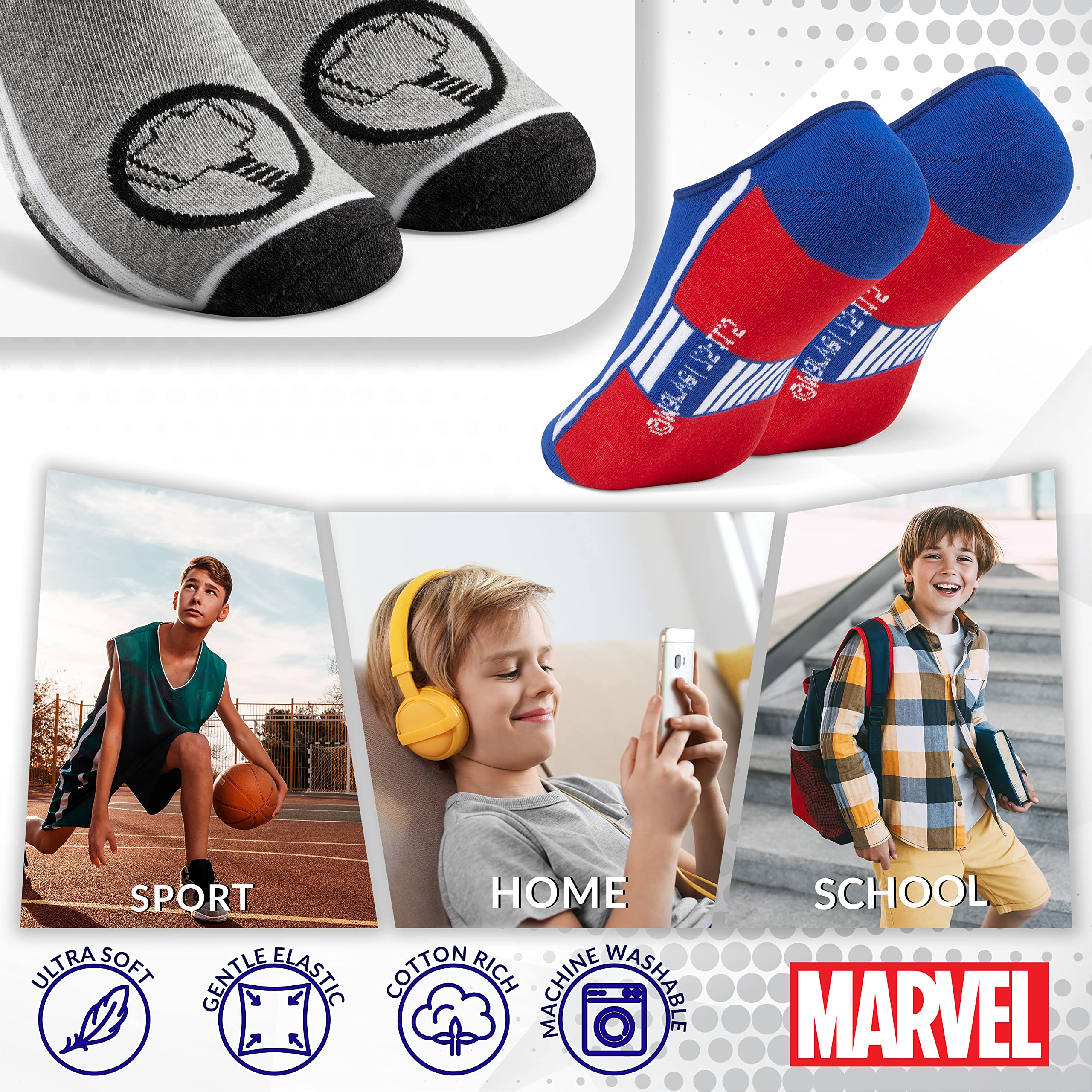 Marvel Avengers Boys' No Show Socks 5-Pack - Breathable Low Cut Socks for Kids - Perfect for School, Sports & Everyday Wear - Superhero Gifts for Boys