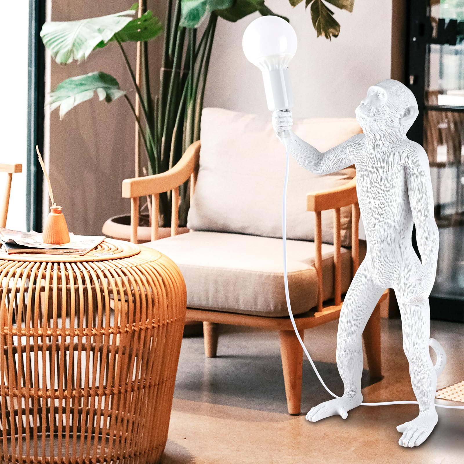 Modern Resin Standing Monkey Table Lamp - LED Desk Lamp for Home Decor, Bedroom, Living Room, Office & Kids Room - Animal-Themed Night Light (White) - Perfect for Reading, Study & Cozy Ambiance