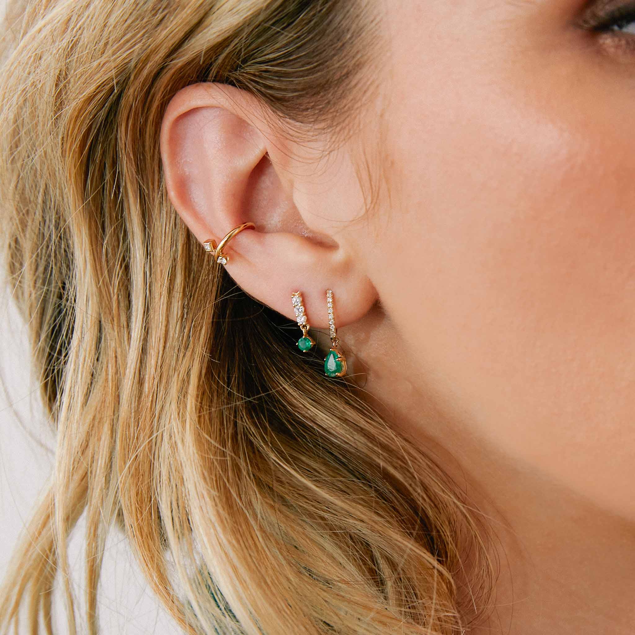14K Gold Diamond Bar Drop Earrings with Dangling Prong Emerald - Elegant Jewelry for Weddings, Parties & Special Occasions