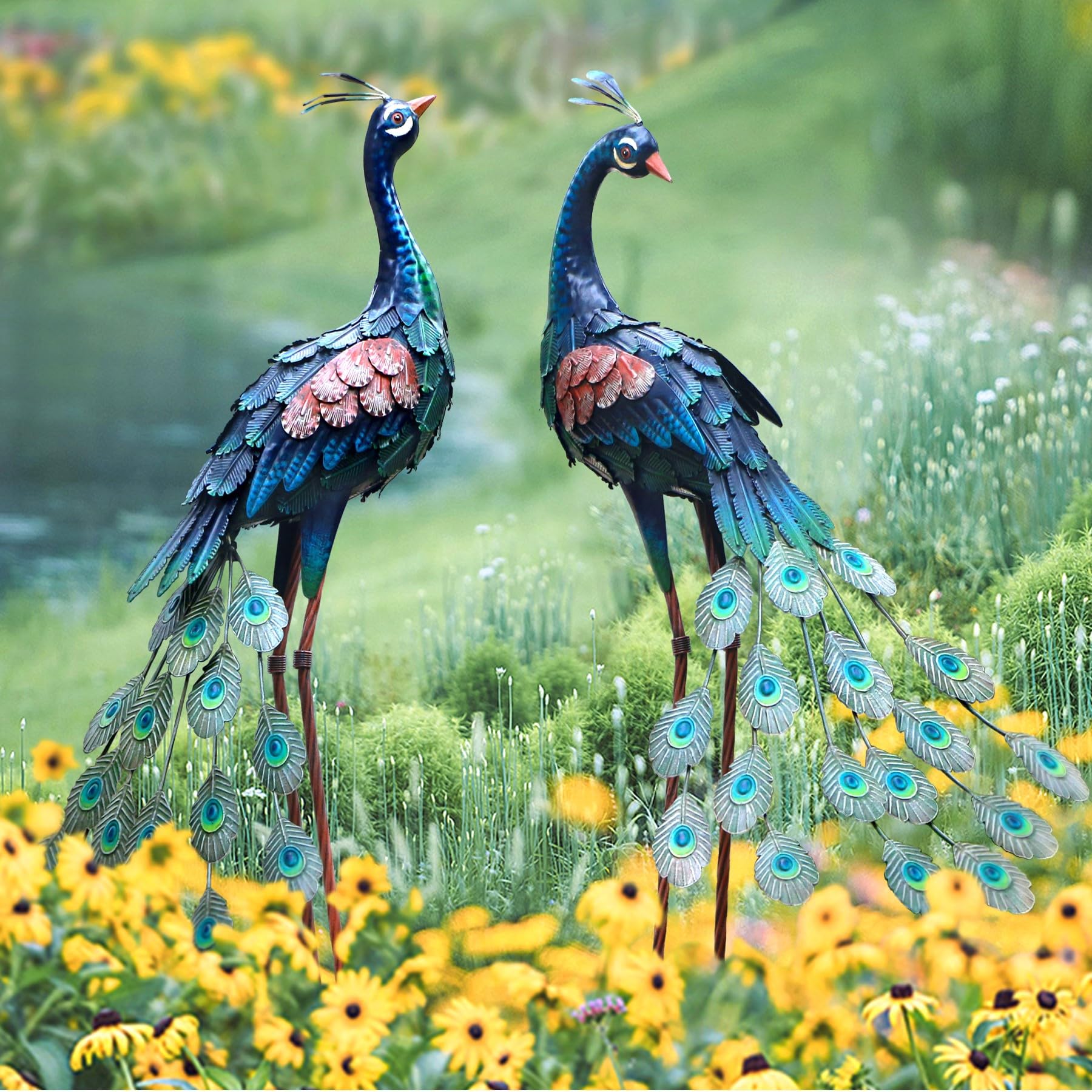 Chisheen Metal Peacock Garden Decor Set of 2 - Outdoor Statues for Patio, Yard & Lawn - Elegant Garden Art Sculptures for Home & Outdoor Decor | Perfect for Backyard, Front Porch & Landscape Design