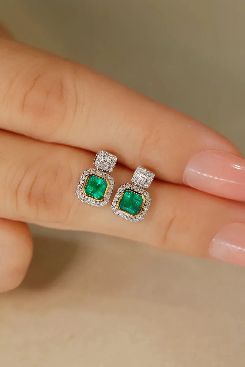 18K White & Yellow Gold Emerald Diamond Stud Earrings for Women - Elegant Wedding Jewelry Gift for Brides, Anniversary & Special Occasions
