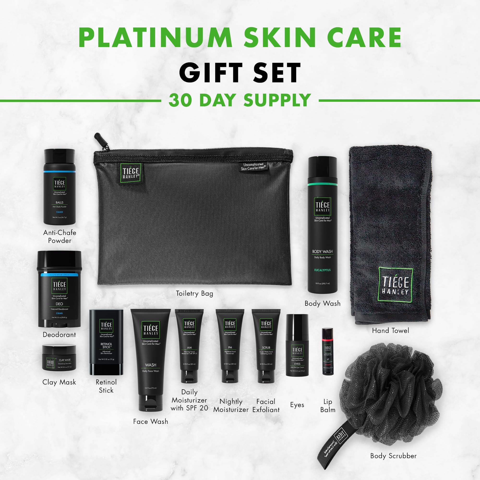 Tiege Hanley Platinum Men's Skincare Gift Set - Complete Face & Body Care Kit with Face Wash, AM/PM Moisturizer, Scrub, Eye Cream, Clay Mask, Retinol Stick, Body Wash, Deodorant & Lip Balm - Perfect for Gifts, Travel & Daily Skincare Routine