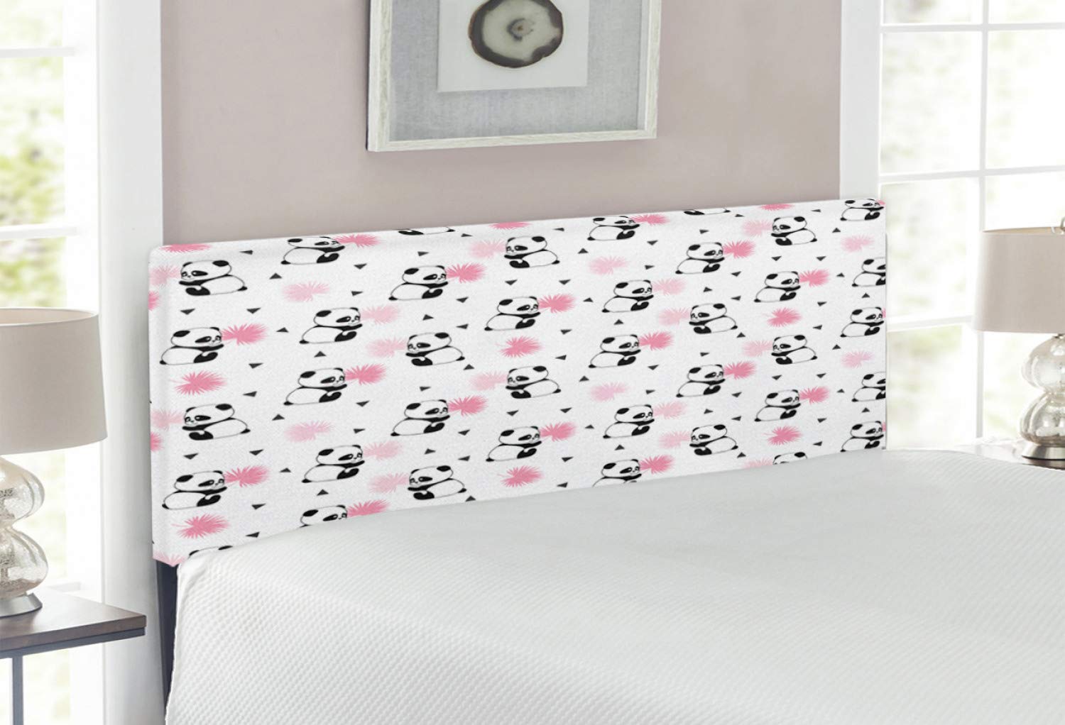 Lunarable Panda Headboard - Kids Cartoon Bear Design with Pink Leaves, Upholstered Decorative Metal Headboard with Memory Foam - Full Size Pale Pink Rose Black - Perfect for Nursery, Kids Bedroom & Themed Room Decor
