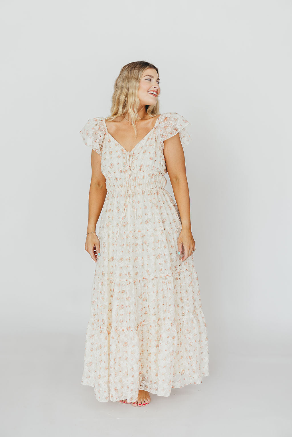Elegant Floral & Gingham Ruffled Maxi Dress for Women - Cream Peach Summer Dress, Boho Chic Beach Wedding Guest Outfit, Perfect for Vacations & Outdoor Parties