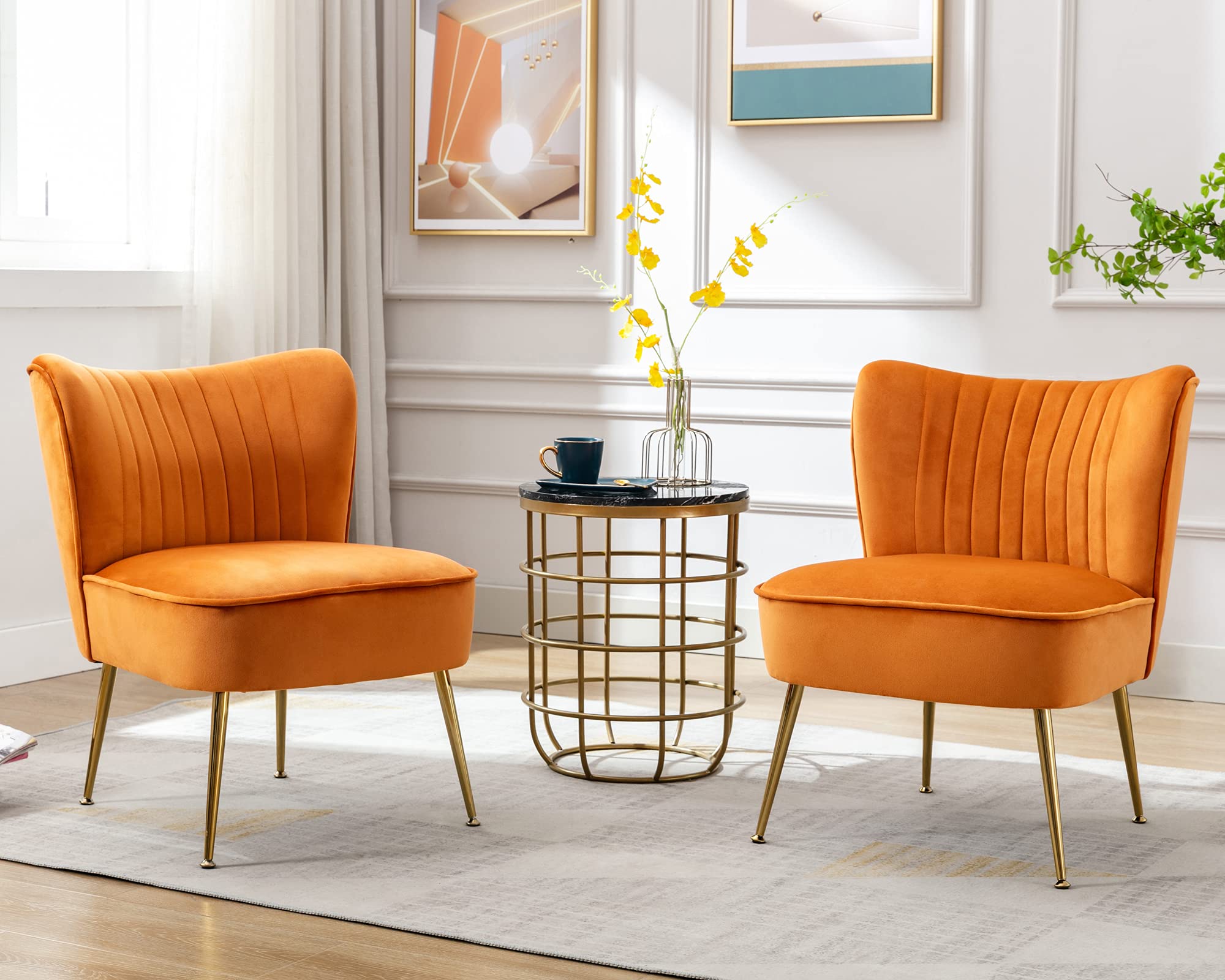 Velvet Accent Chair Set of 2 - Mid Century Modern Armless Slipper Chairs with Golden Legs for Living Room, Bedroom & Guest Room - Soft Comfortable Wingback Design in Orange - Perfect for Reading Nook, Lounge Area or Home Office Decor