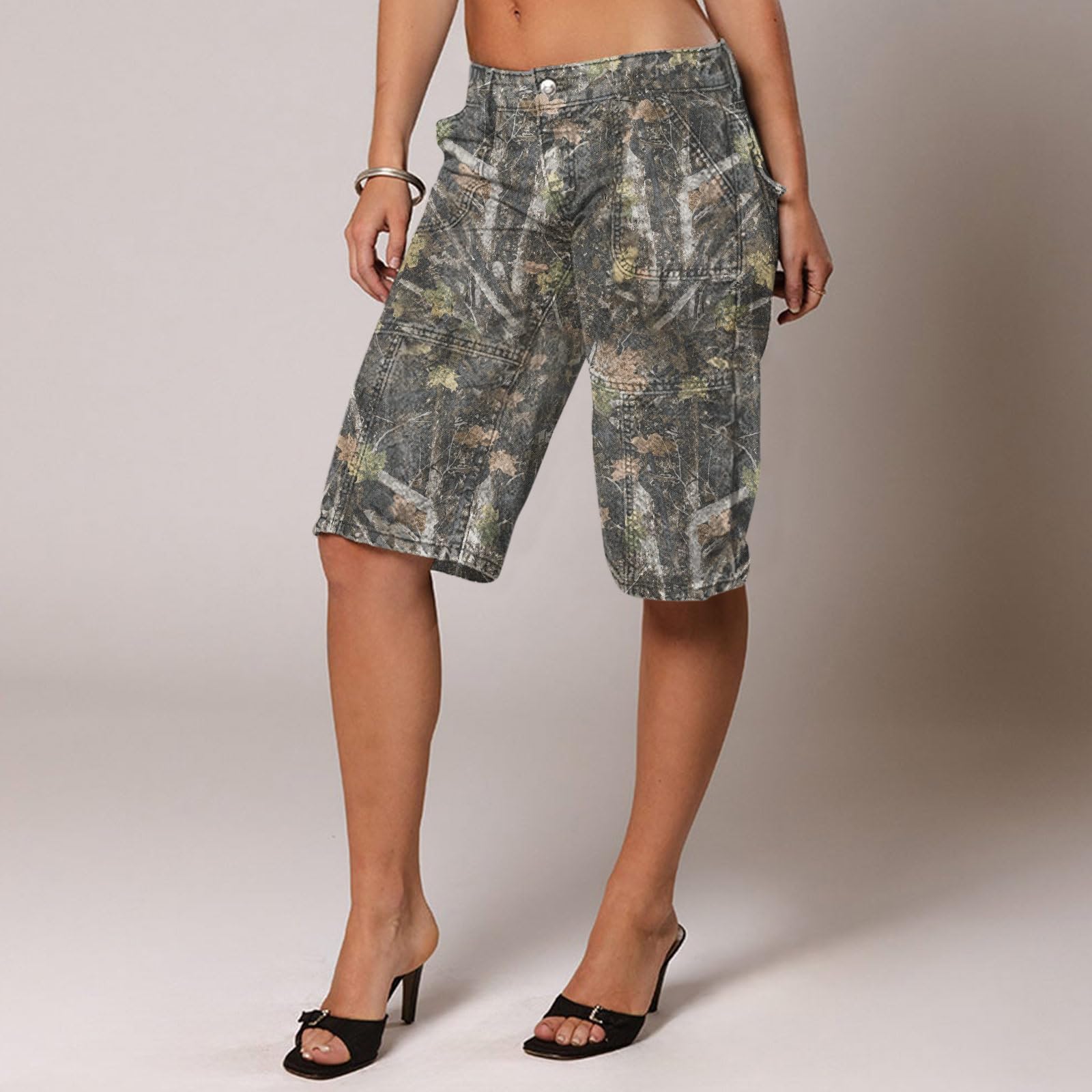 Women's Camo Shorts - Y2K Maple Leaf Print Baggy Jorts, Casual Long Denim Bermuda Shorts with Pockets | Perfect for Hiking, Streetwear & Summer Outfits