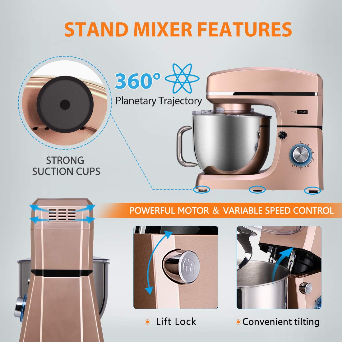 VIVOHOME 7.5 Quart Stand Mixer 660W - 6-Speed Tilt-Head Electric Kitchen Mixer with Beater, Dough Hook, Wire Whip & Egg Separator - Champagne Color - Perfect for Baking Cakes, Cookies, Bread & Pastries at Home