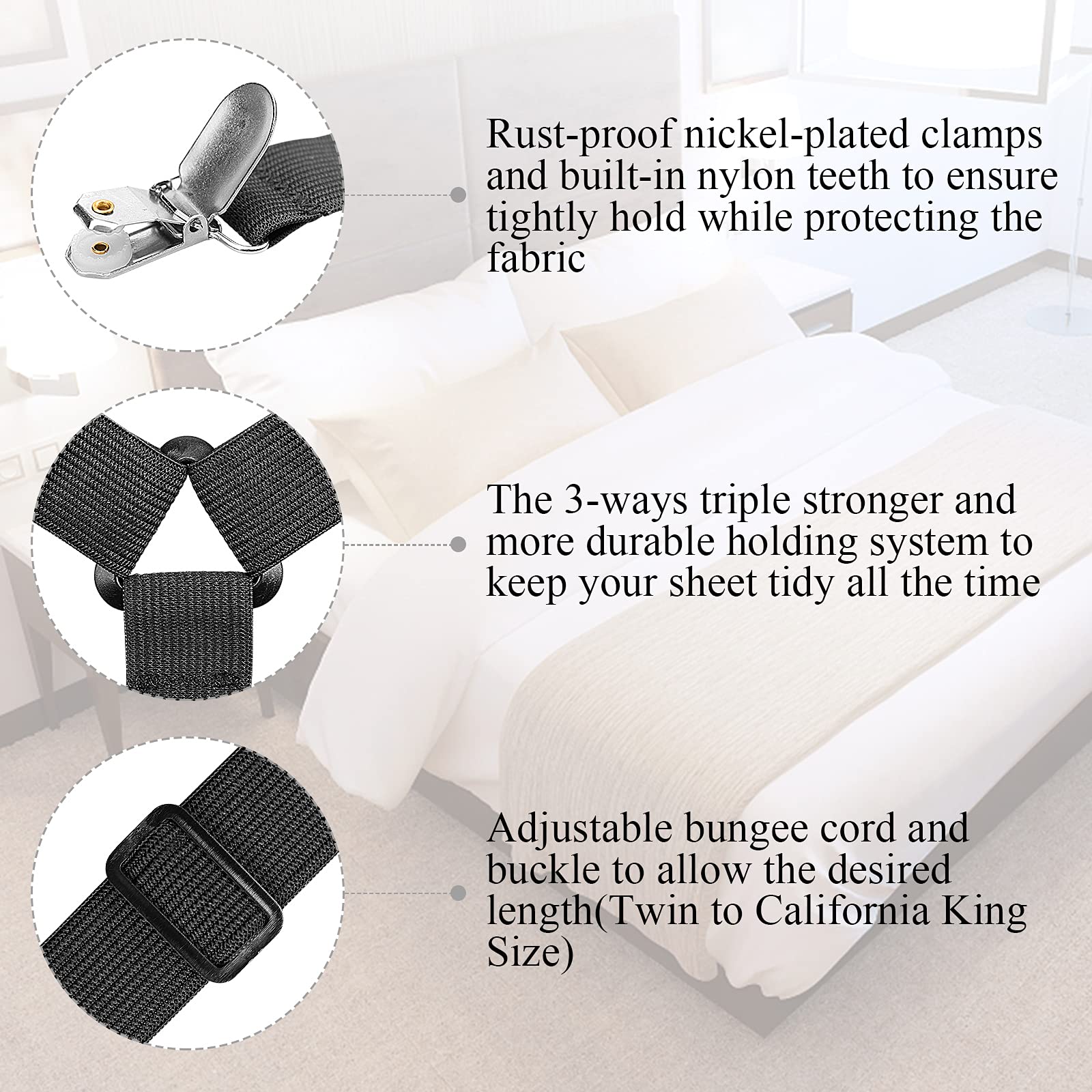 ACEDÉCOR Sheet Straps - Fitted Sheet Clips Under Mattress for Twin, Full, Queen & King Size Beds - Secure Bed Sheet Holders (Black) | Perfect for Deep Pocket Sheets, Adjustable Beds & Preventing Wrinkles While Sleeping