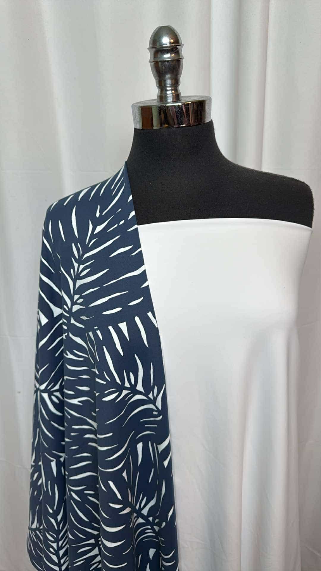 White/Navy Leaves Fabric Bundle - 2 Yards White Yoga Performance Fabric & 1.5 Yards Navy Leaves Supplex - A26979 - Perfect for Yoga Pants, Activewear, and Sportswear Sewing Projects