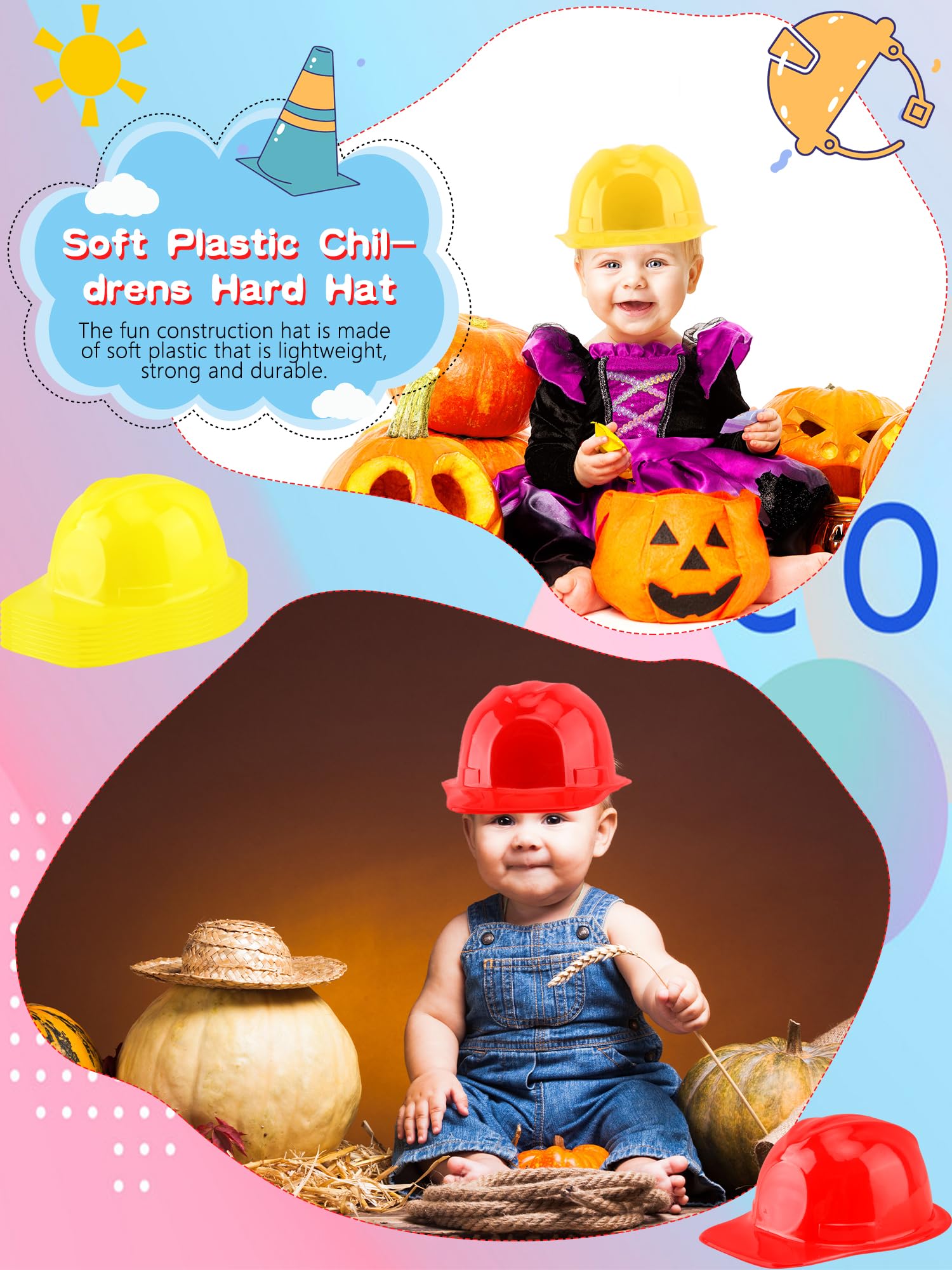 48 Pcs Kids Construction Party Hats - Plastic Construction Worker Hard Hats for Boys & Girls - Halloween, Birthday Party, Role Play & Cosplay Costume Accessories