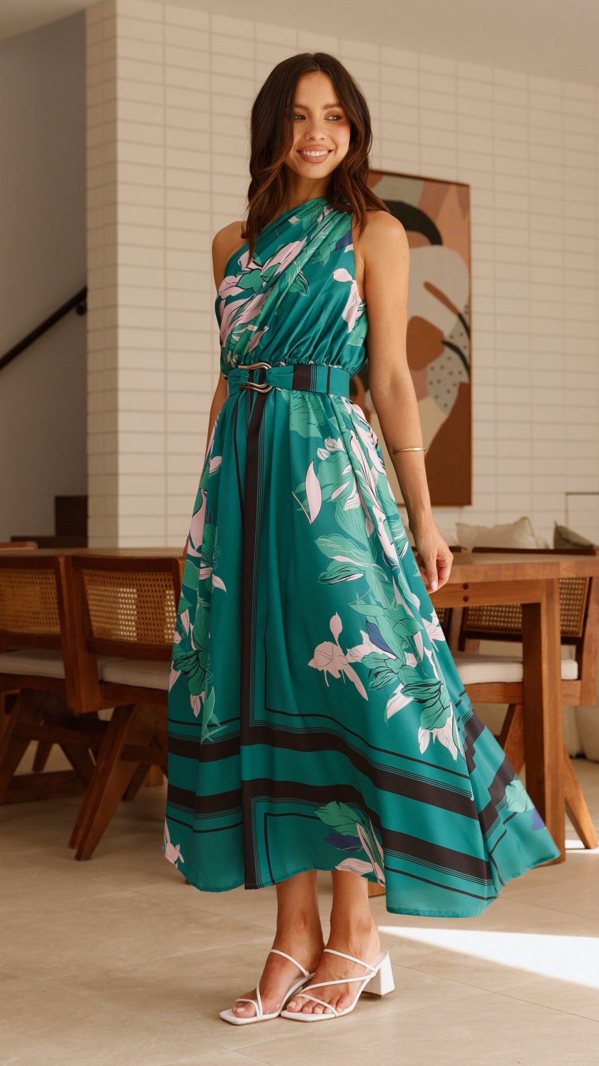 Hadas Maxi Dress - Green Print Floral Summer Dress for Women, Beach Vacation & Casual Outings
