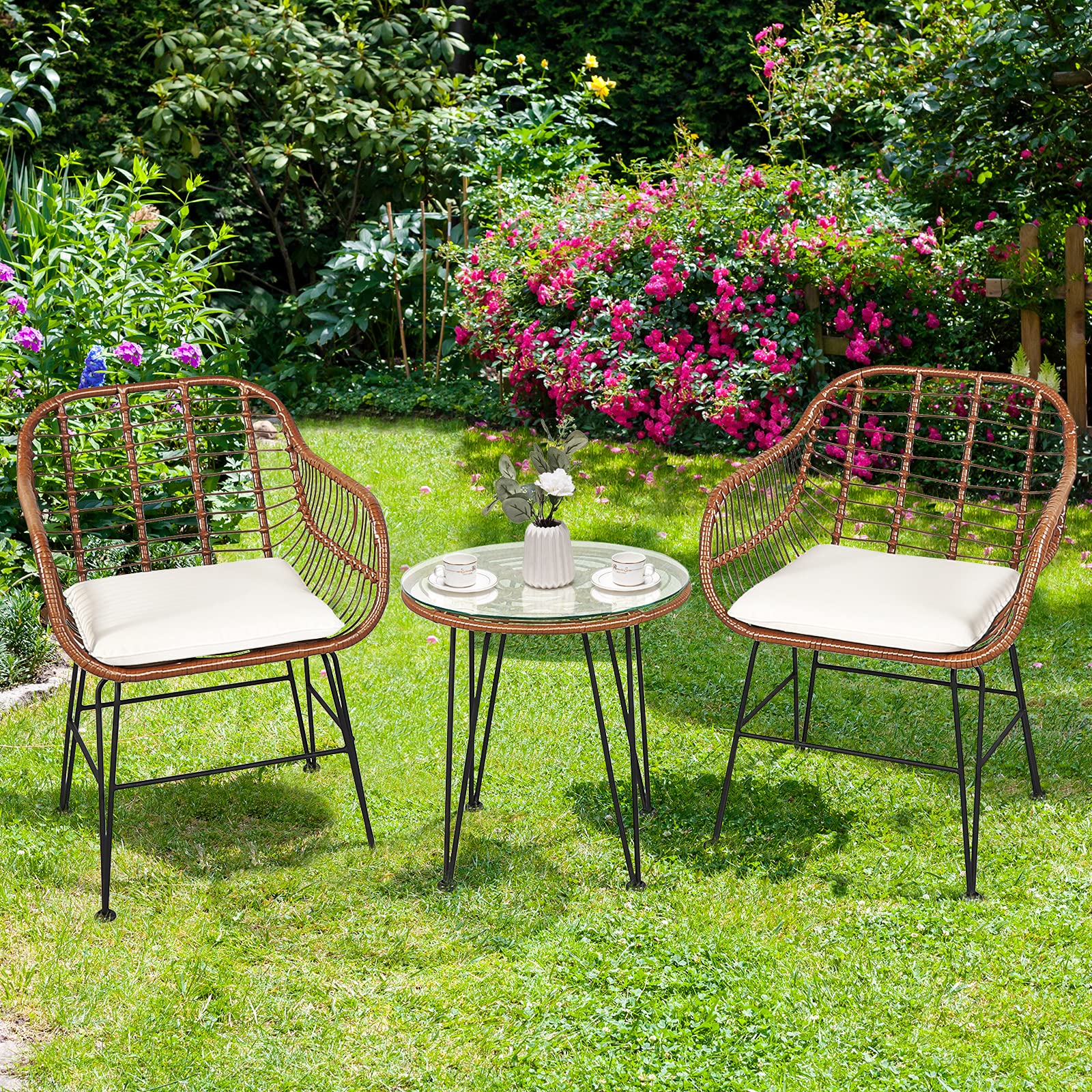 Tangkula 3-Piece Outdoor Patio Conversation Set with Round Glass Table & 2 Rattan Chairs - Wicker Bistro Furniture with Cushions for Porch, Backyard, Garden - Perfect for Relaxing, Entertaining & Outdoor Dining