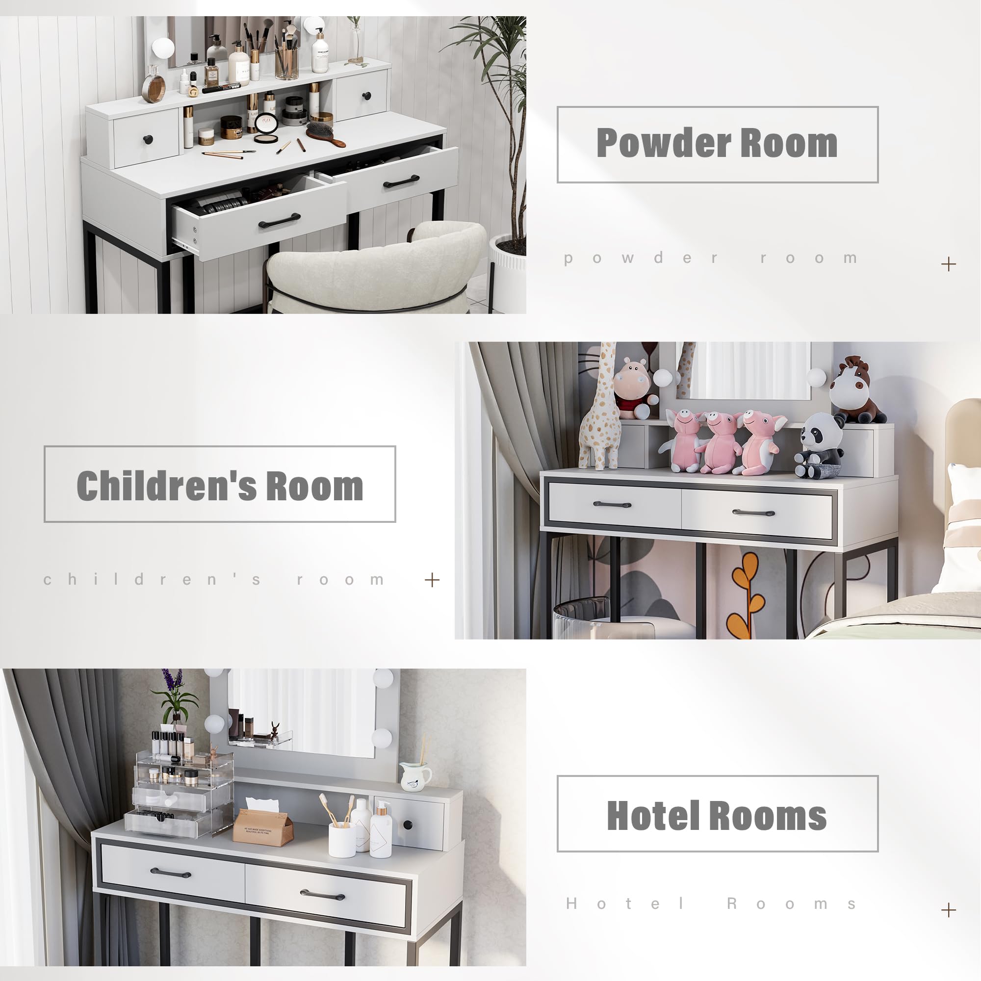 Sunvivi White Vanity Desk with Dimmable LED Hollywood Mirror & 4 Drawers - Large Makeup Dressing Table for Women & Girls - Perfect for Bedroom, Bathroom & Beauty Salon Makeup Application