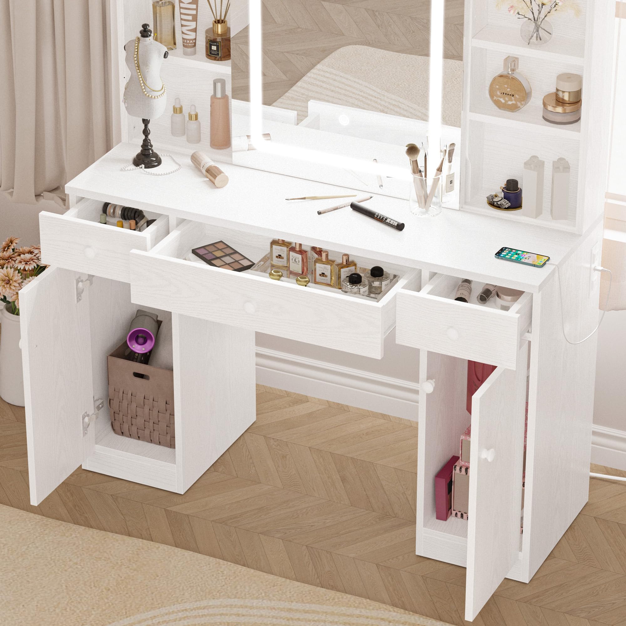 IRONCK Industrial Style White Vanity Desk Set with Large LED Lighted Mirror & Power Outlet - 7 Drawers Makeup Dressing Table with Storage Bench for Bedroom | Perfect for Makeup Application, Hair Styling & Home Decor