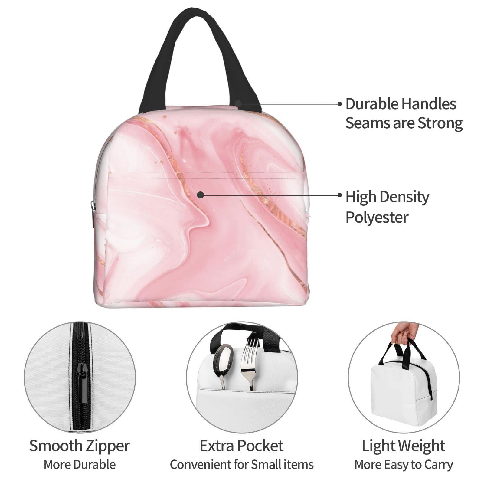 Premium Pink Marble Insulated Lunch Box - Reusable Thermal Lunch Bag for Women & Men, Leakproof Food Container for Office, School, Camping, Hiking, Picnic, Beach & Travel