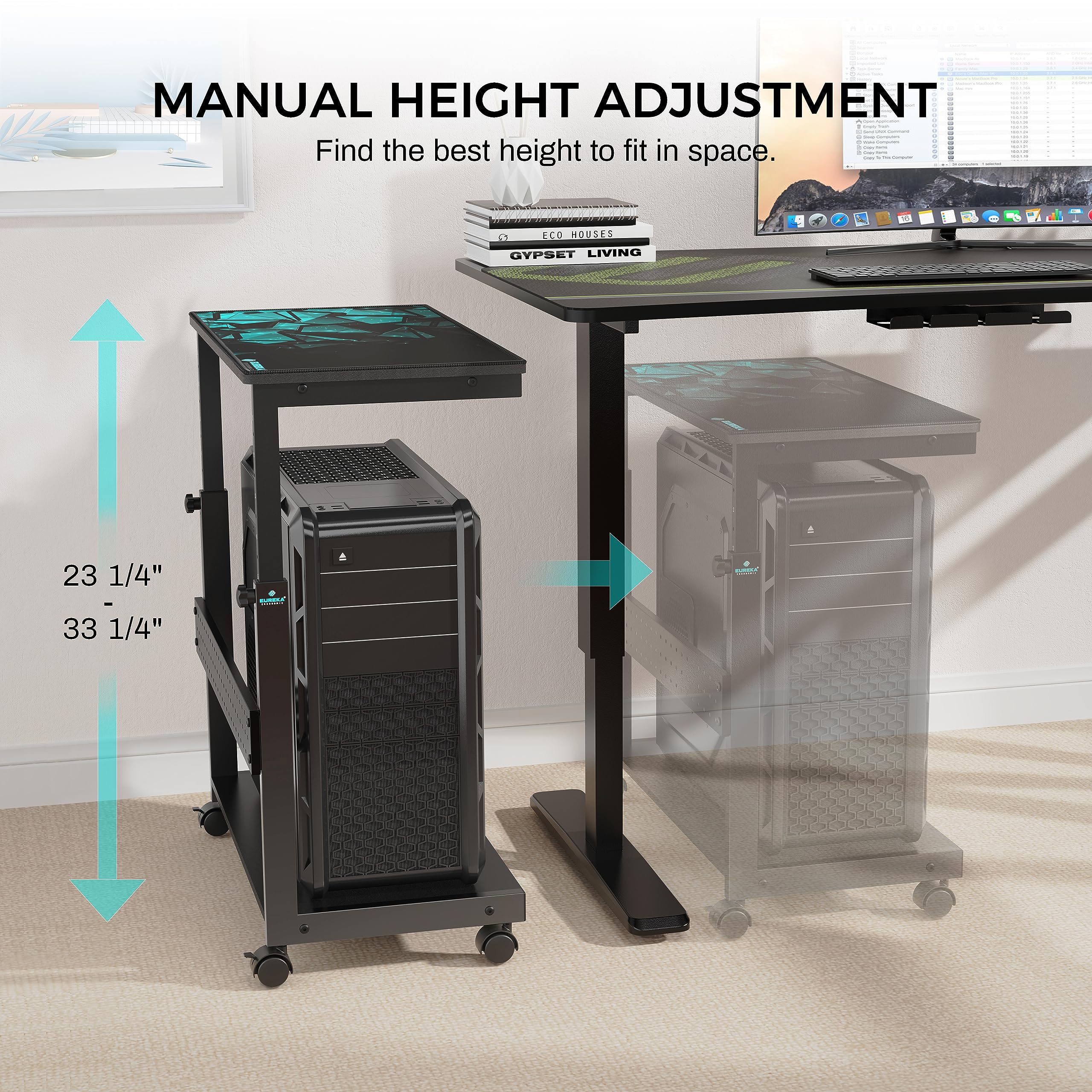 EUREKA ERGONOMIC Adjustable Height Computer Tower Stand - 2-Tier ATX CPU Holder Cart with Wheels & Mouse Pad for Under Desk PC Storage - Home Office & Gaming Setup Accessories - Black (Perfect for Small Spaces & Cable Management)