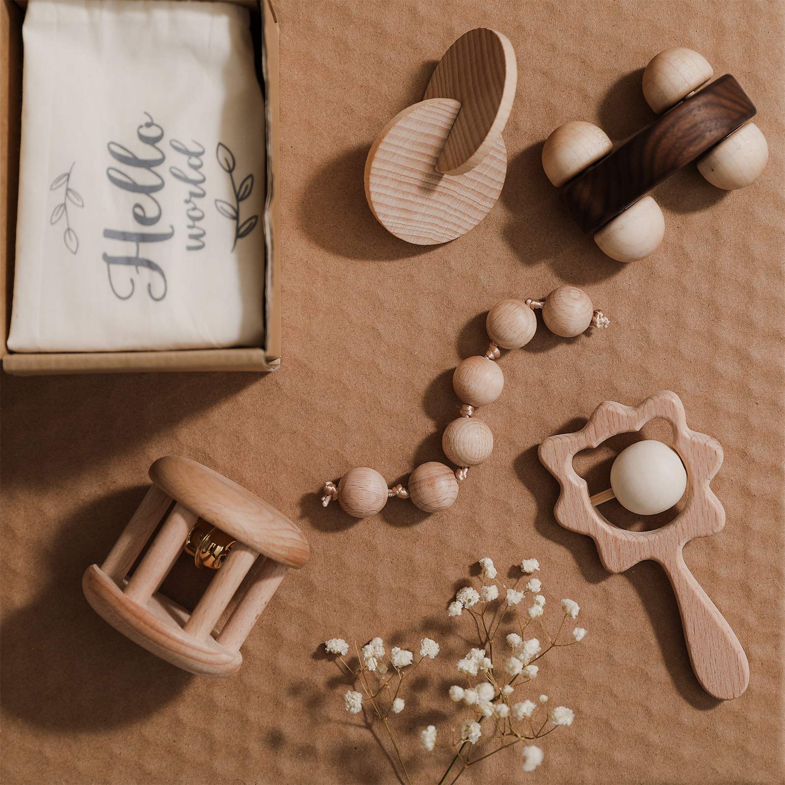 Montessori Wooden Baby Toys Set for 0-6 Months - Wooden Rattles, Grasping Toys, Push Car, Handbells, Interlocking Discs - Perfect Newborn Infant Gifts for Sensory Play & Early Learning