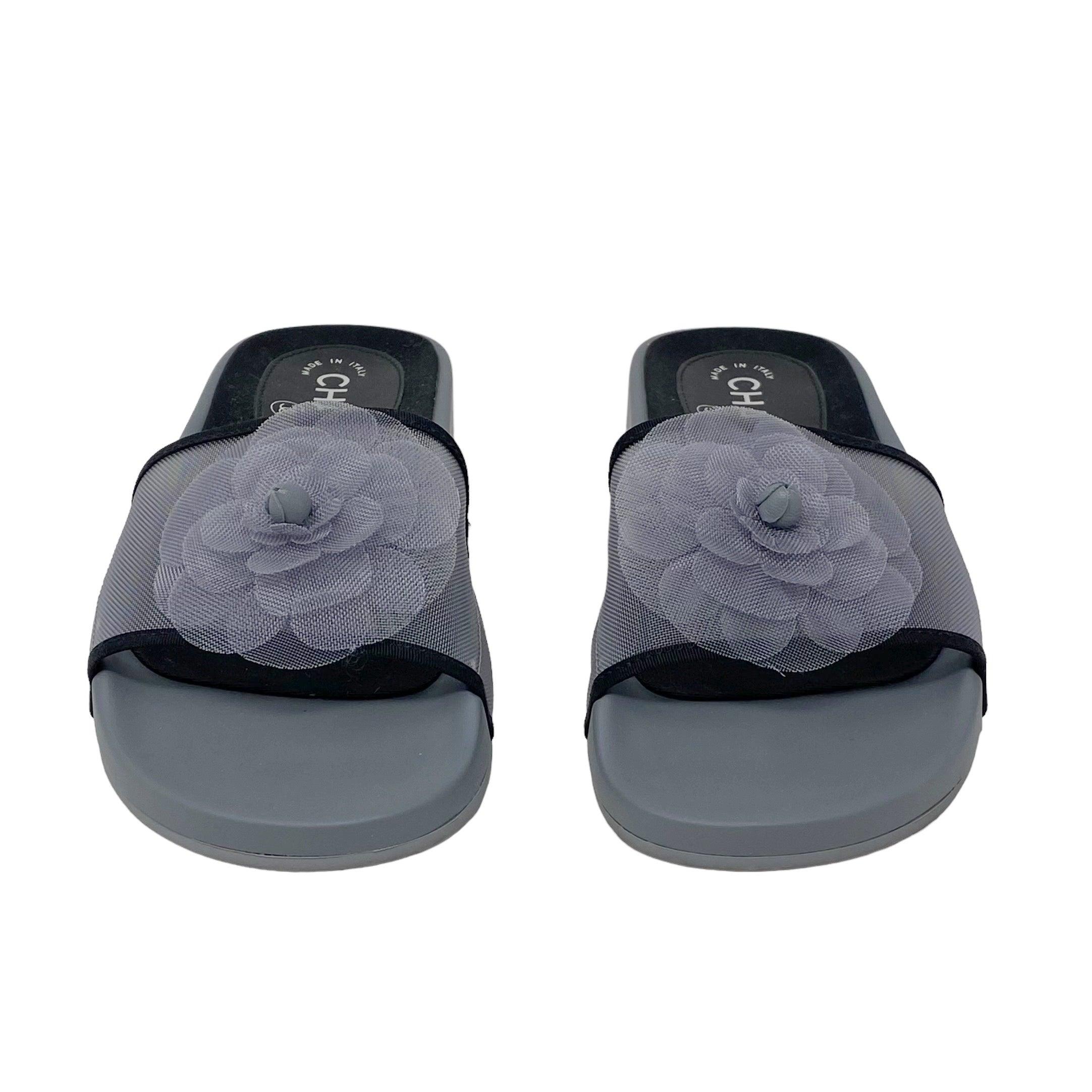 Chanel Gray Mesh Camellia Slides Size 36 - Women's Luxury Comfortable Summer Sandals for Beach, Pool & Casual Outings