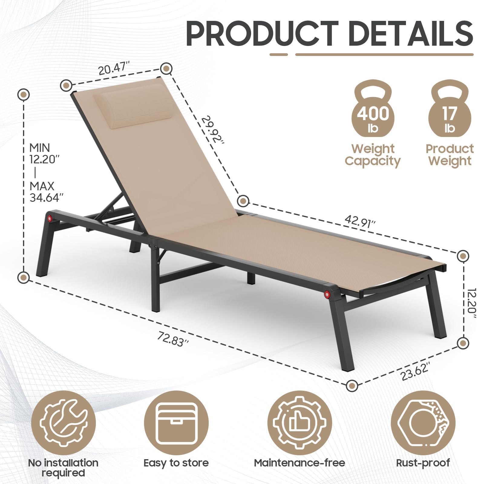 WOAJN 2-Pack Aluminum Patio Chaise Lounge Chairs - 5-Position Adjustable Backrest, Foldable Outdoor Poolside Chairs for Lawn, Deck, Beach & Backyard Relaxation (Khaki) - Perfect for Sunbathing, Lounging by the Pool, or Beachside Comfort