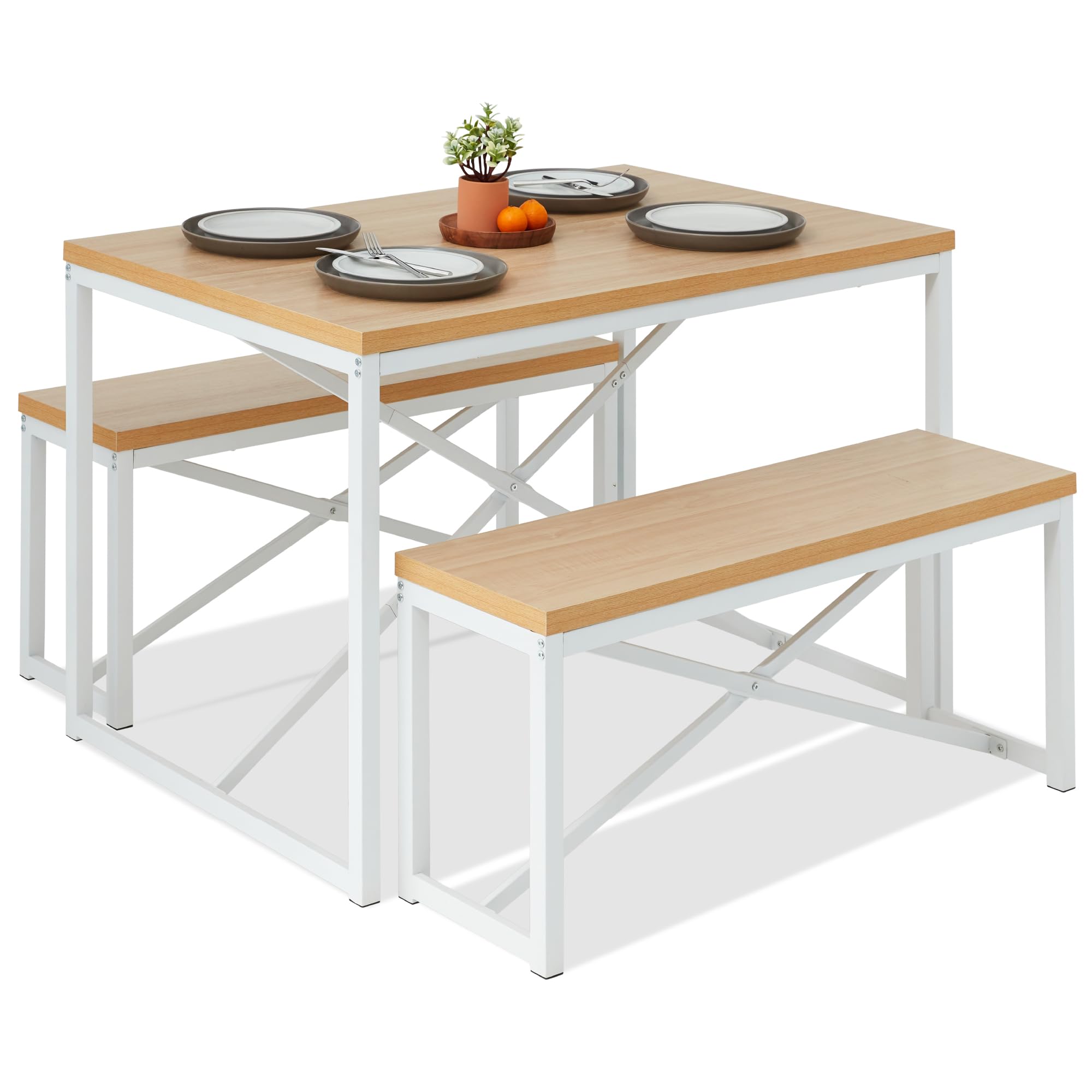 Best Choice Products 45.5in 3-Piece Space-Saving Dining Set with Table & 2 Benches - Oak/White Finish for Kitchen, Breakfast Nook or Small Dining Room | Compact 4-Person Dinette Furniture for Apartments & Cozy Homes