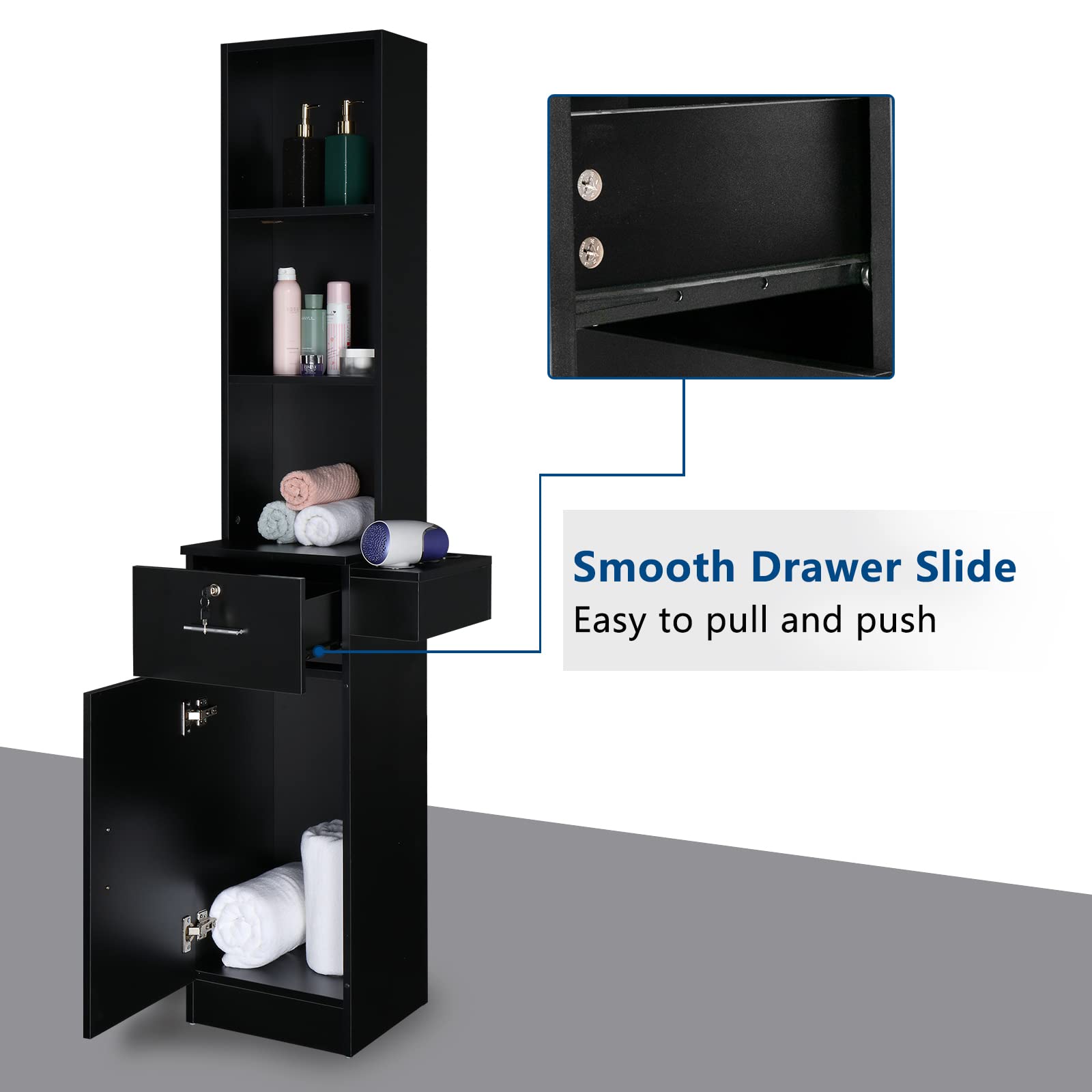 OmySalon Professional Hair Styling Station - 3-Tier Storage Shelf, Large Cabinet & Hair Dryer Holders - Black | Barber Salon Equipment for Stylists & Hairdressers | Perfect for Salon, Home & Mobile Hair Services